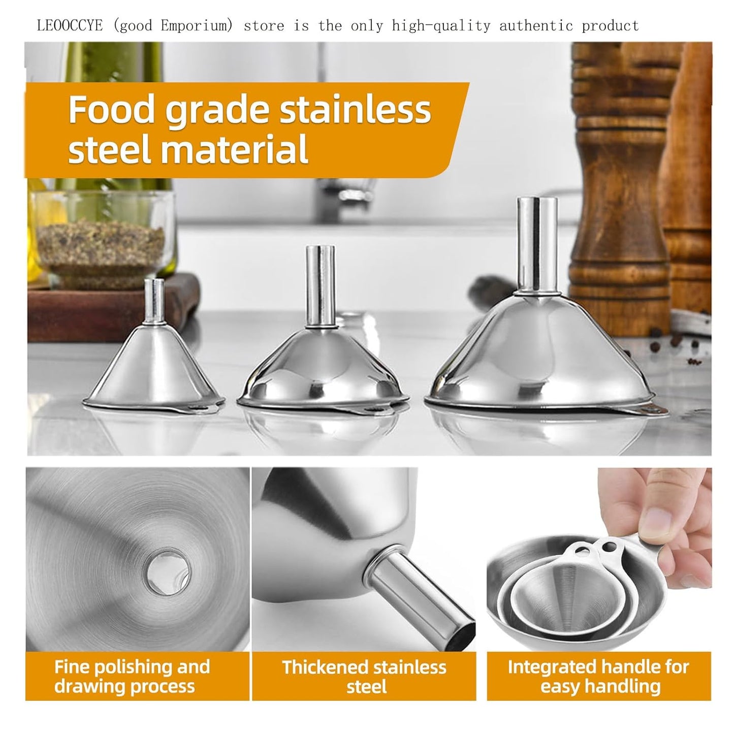 3 Pcs Stainless Steel Kitchen Funnel Made of Food-Grade Stainless Steel That withstands high and Low temperatures Perfect for Storing Liquids and Kitchen Spices or Powders Send a Cleaning Brush