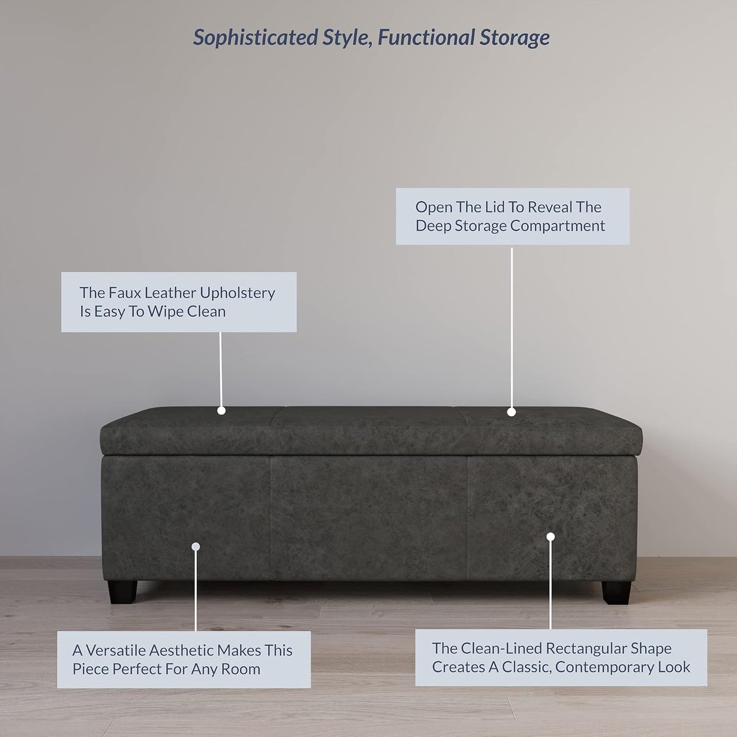 BELLEZE Storage Faux Leather Ottoman, 47 Inch Bench Bedroom Bench with Safety Close Hinge, Extra Long Ottoman with Storage for Living Room, Entryway, Hallway, Foot Rest, Support 300lbs - Rustic Gray