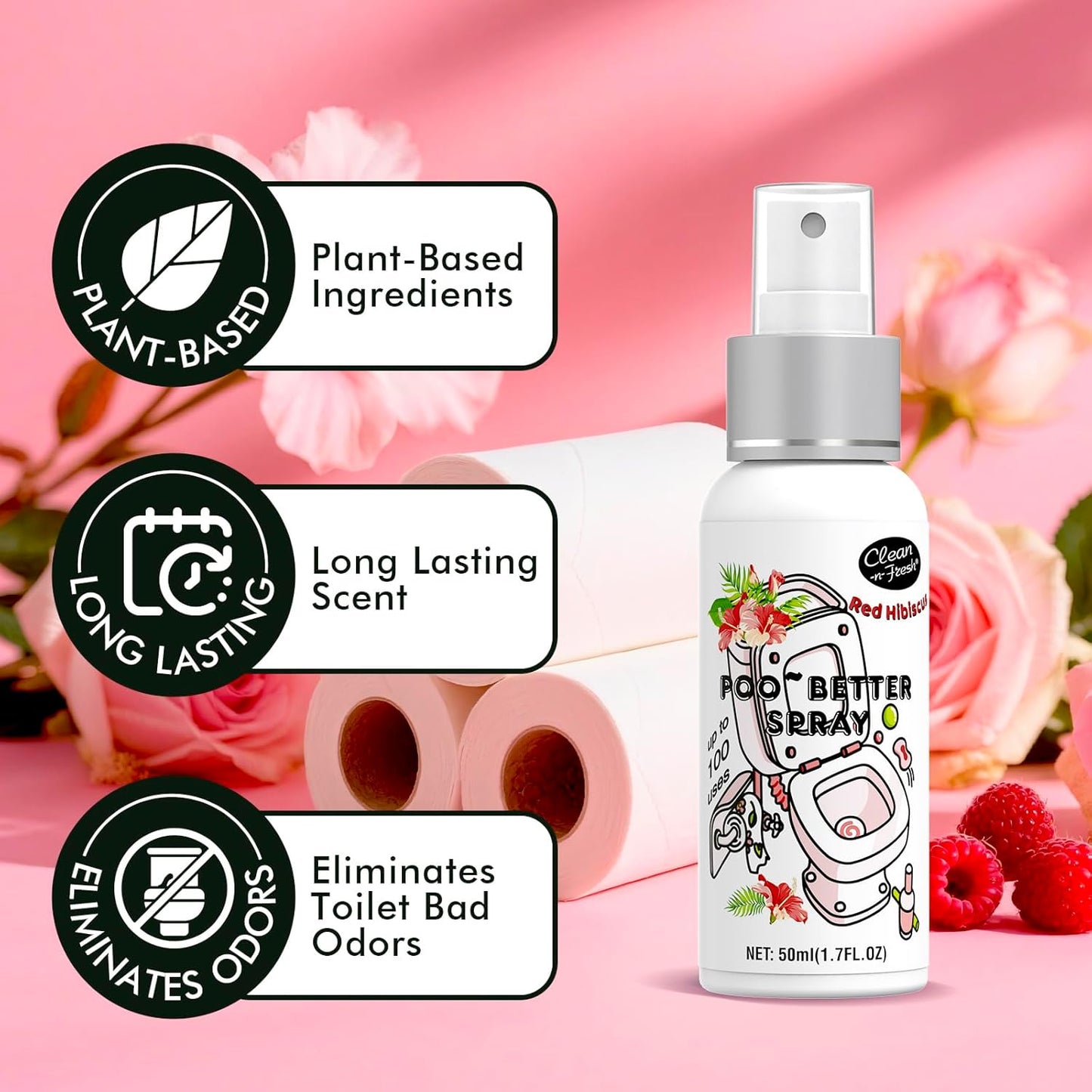 Clean-n-Fresh Toilet Spray, 8.5 Fl Oz Variety Pack of 5 - Citrus, Hibiscus, Lavender, Eucalyptus, Beach Coco, Travel Essentials Bathroom Odor Elimination, Air & Toilet Freshener, Each 1.7 Fl Oz