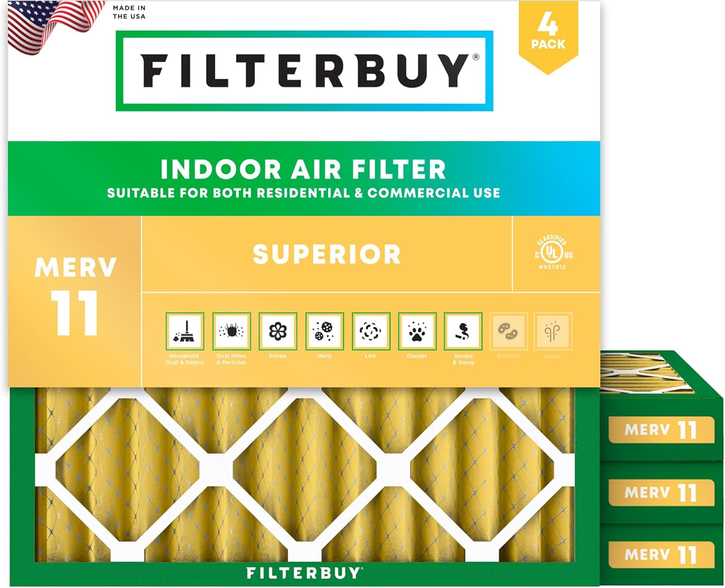 Filterbuy 10x10x2 Air Filter MERV 11 (MPR 1200) Allergen Defense Replacement (4-Pack), Electrostatic Pleated HVAC AC Furnace Filters, Made in USA (Actual Size: 9.50 x 9.50 x 1.75)