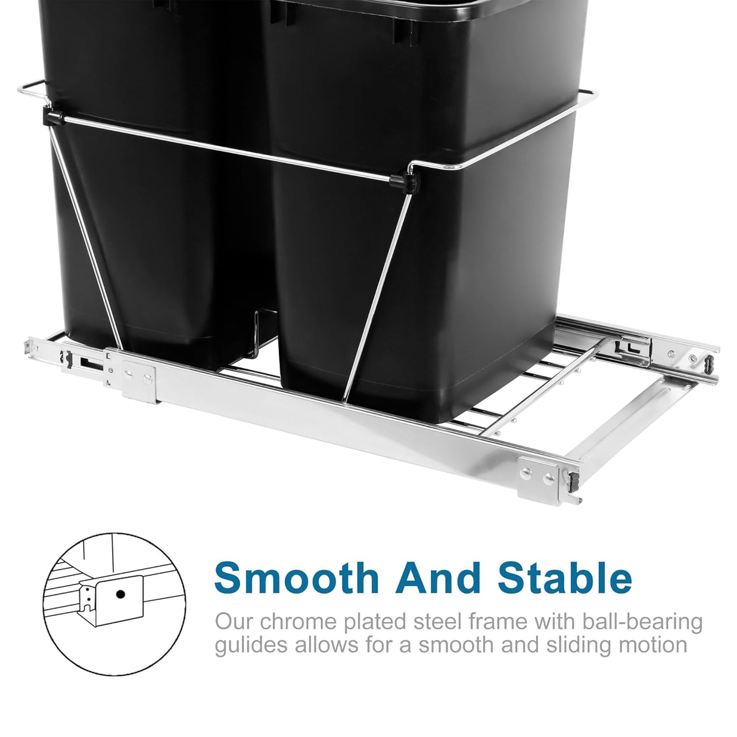 SUPER DEAL Double 35-Quart Pull Out Trash Can Under Cabinets Under Sink Garbage Sliding Waste Bin Container Recycling Bins with Chrome Wire Bottom Mount 44 lbs Load Capacity, Black