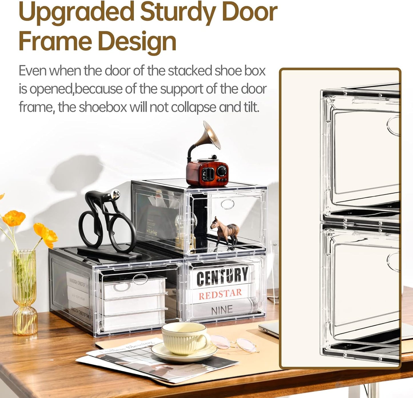 10 Pack Shoe Boxes Stackable,Upgraded Sturdy Storage Boxes with Clear Magnetic Door,Multifunctional Sneaker Organizer Fit up to US Size 12 (13.8”x 9.84”x 7.1”)