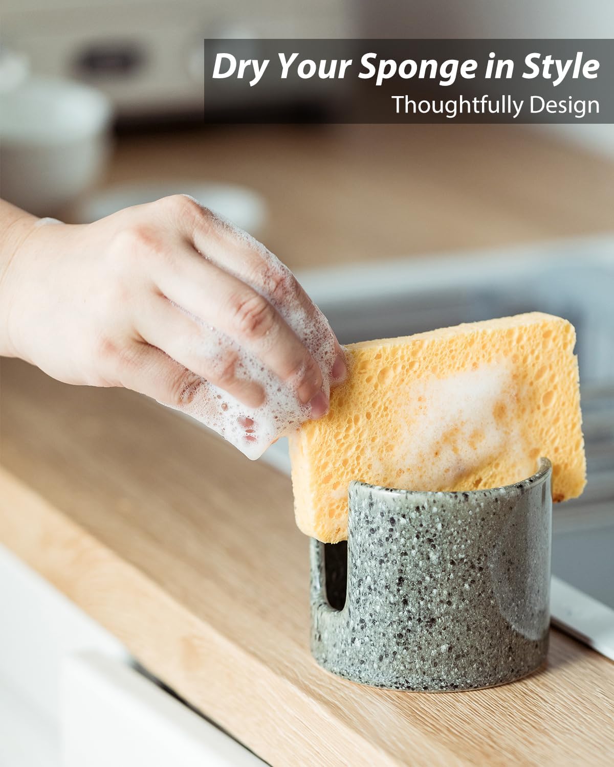 Kitchen Sponge Holder, Ceramic Dish Sponge Holder Scrubby Daddy Farmhouse Dish Rack Brush Holder for Bathroom, Kitchen, Sink, Special Gray