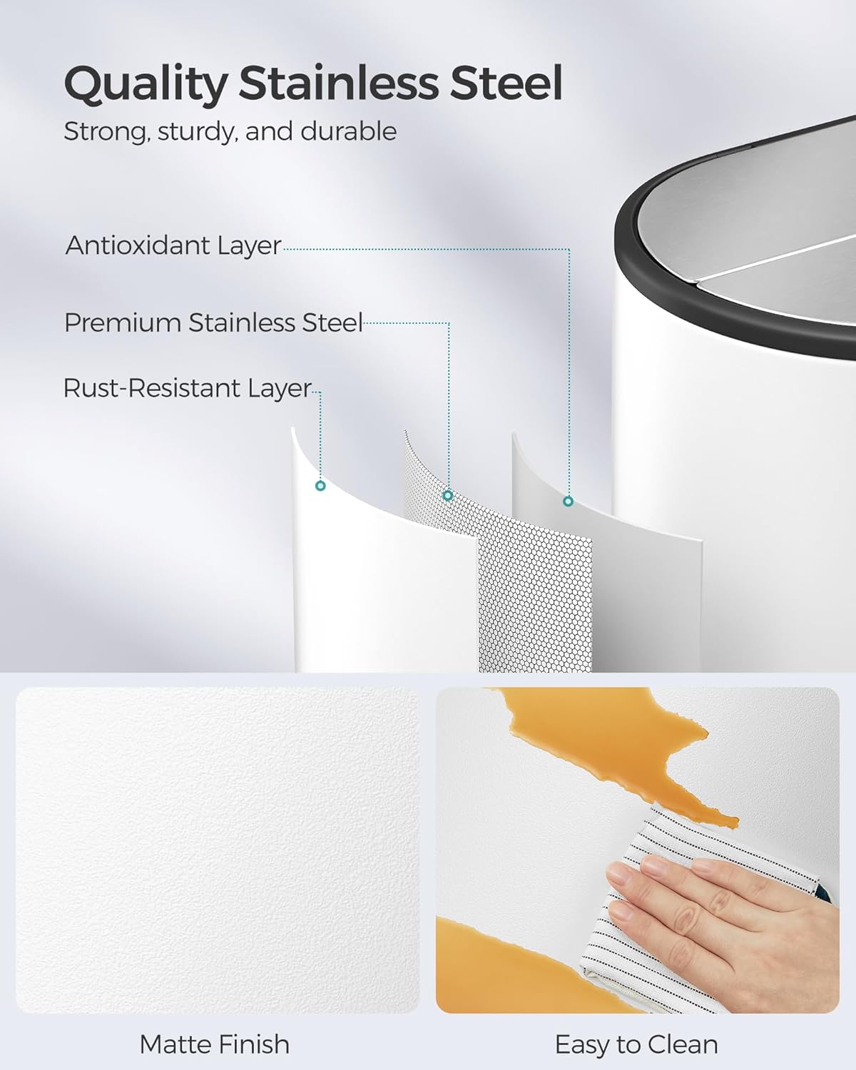 SONGMICS 13-Gallon Dual Kitchen Trash Can, 5.3 and 8 Gallon Compartments, Garbage Can with Wing Lids, Stainless Steel, Soft Close, Inner Buckets, Cloud White and Metallic Silver ULTB570W50