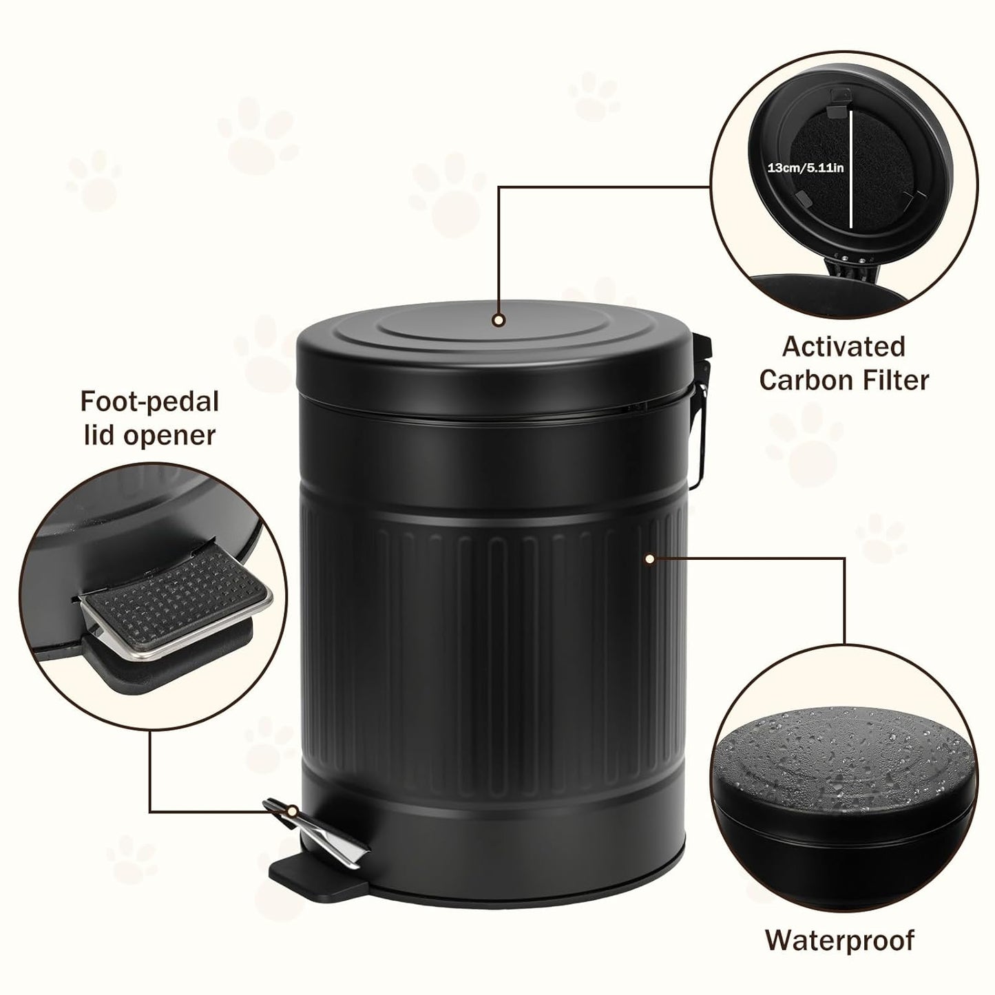 5L/1.3 Gal Dog Poop Trash Can with Lid - Stainless Steel Outdoor Pet Waste Bin, Step Pedal Soft Close Garbage Can for Backyard, Bathroom, Office - Odor Control, Farmhouse Retro Style (Black)