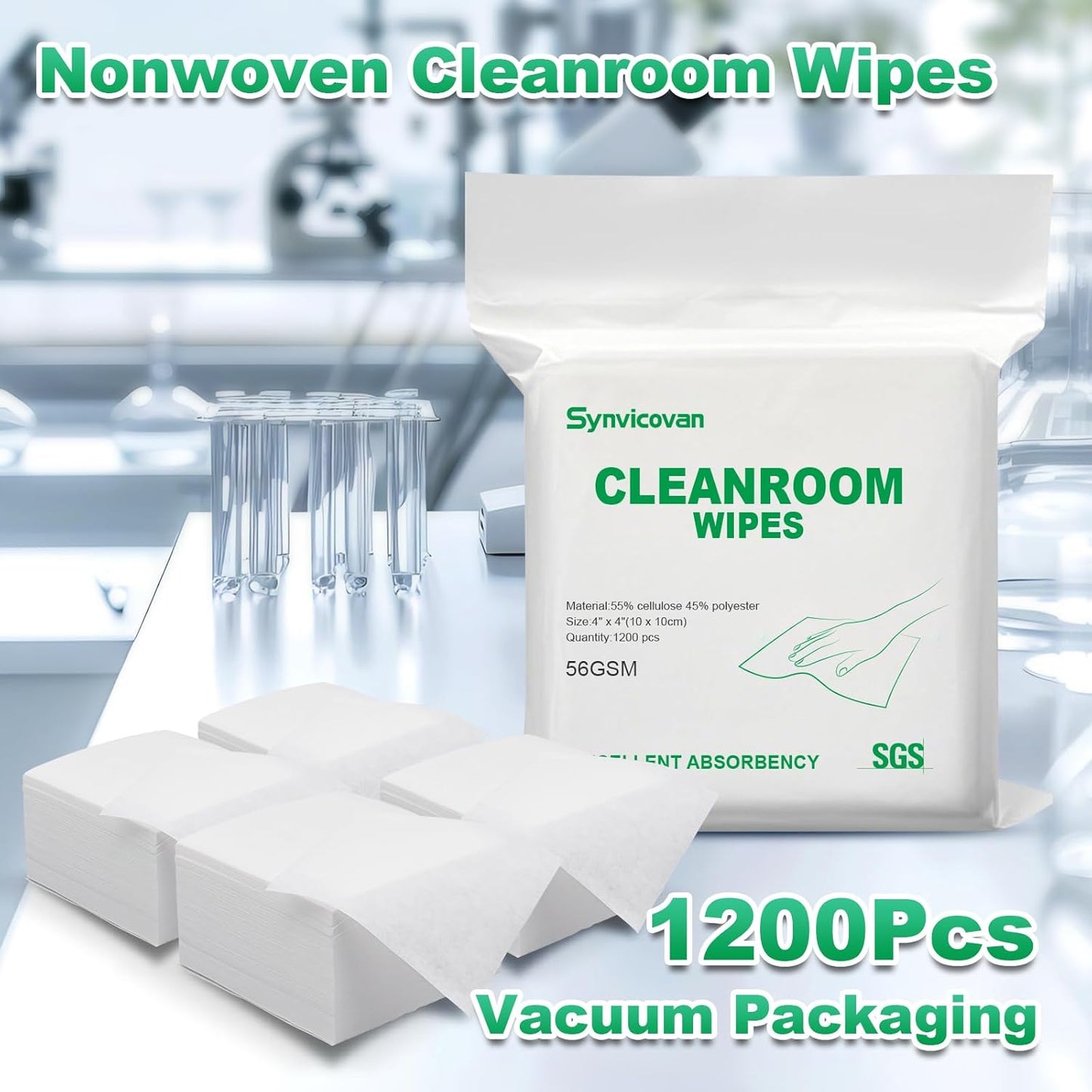 Cleanroom Wipes 4"x4" (1200 Pcs, Cellulose/Polyester Blend, Grade B, 56GSM) Lint Free Wipes for Laboratory, Electronics, Pharmaceutical,Printing,Automotives and Semiconductor Industries