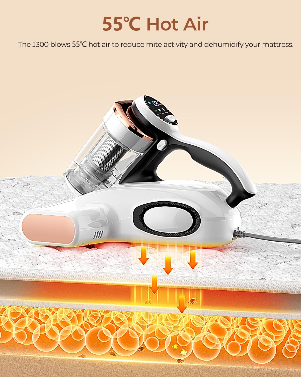 JIGOO Bed Vacuum Cleaner with Dust Sensor, Mattress Vacuum Cleaner with UV & Ultrasonic and High Heating, 13Kpa Suction 500W Powerful Double-Cup Handheld Vacuums (J300, Corded)