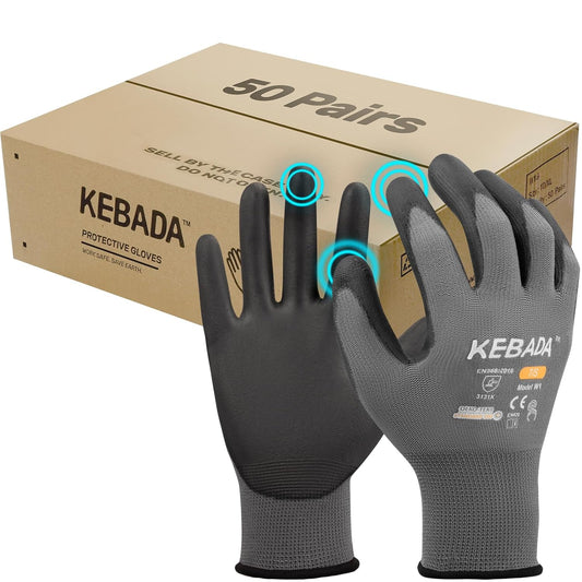 Kebada W1 Work Gloves for Men and Women, Touchscreen PU Coated Gloves with Grip, 50 Pairs Bulk Pack, Ideal for Warehouse Package Handling, Construction, Gardening, Gray X-Small