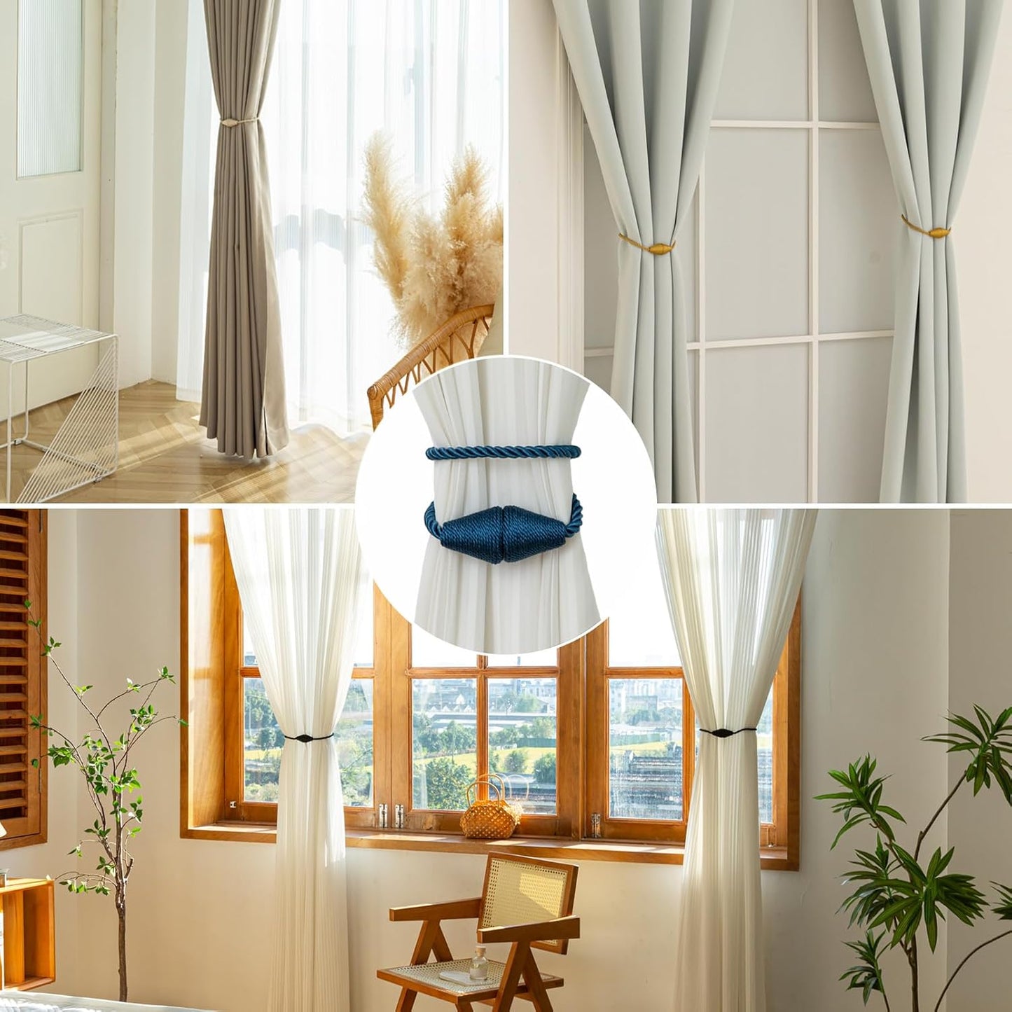 Magnetic Curtain Tiebacks 8 Pack Outdoor Rope Curtain Tie Backs Decorative Window Treatment Holdbacks for Home Decorative Curtain, Blue