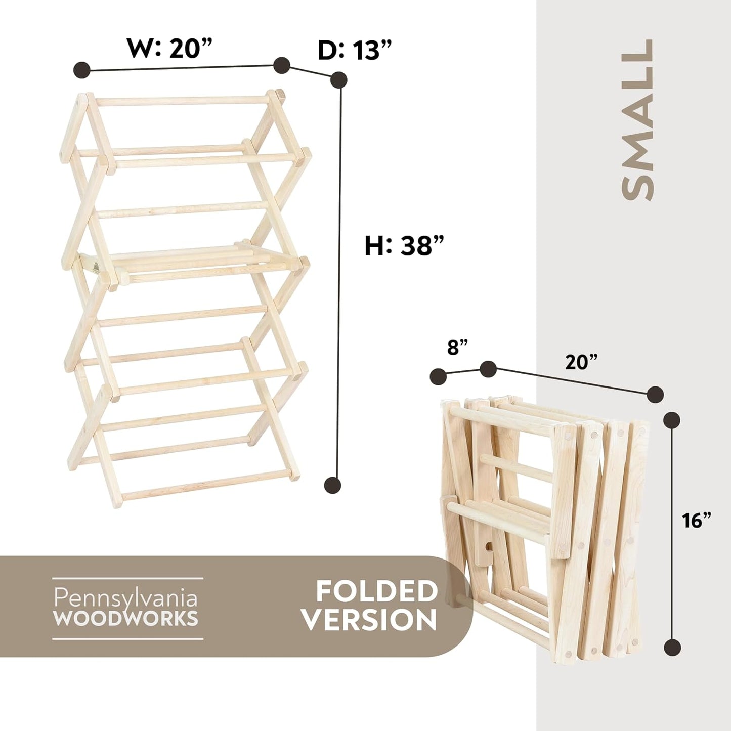 Pennsylvania Woodworks Clothes Drying Rack: Solid Maple Hard Wood Laundry Rack for Baby Clothes, Hand Towels, Delicates & More, Durable Small Folding Drying Rack, Made in USA, No Assembly Needed
