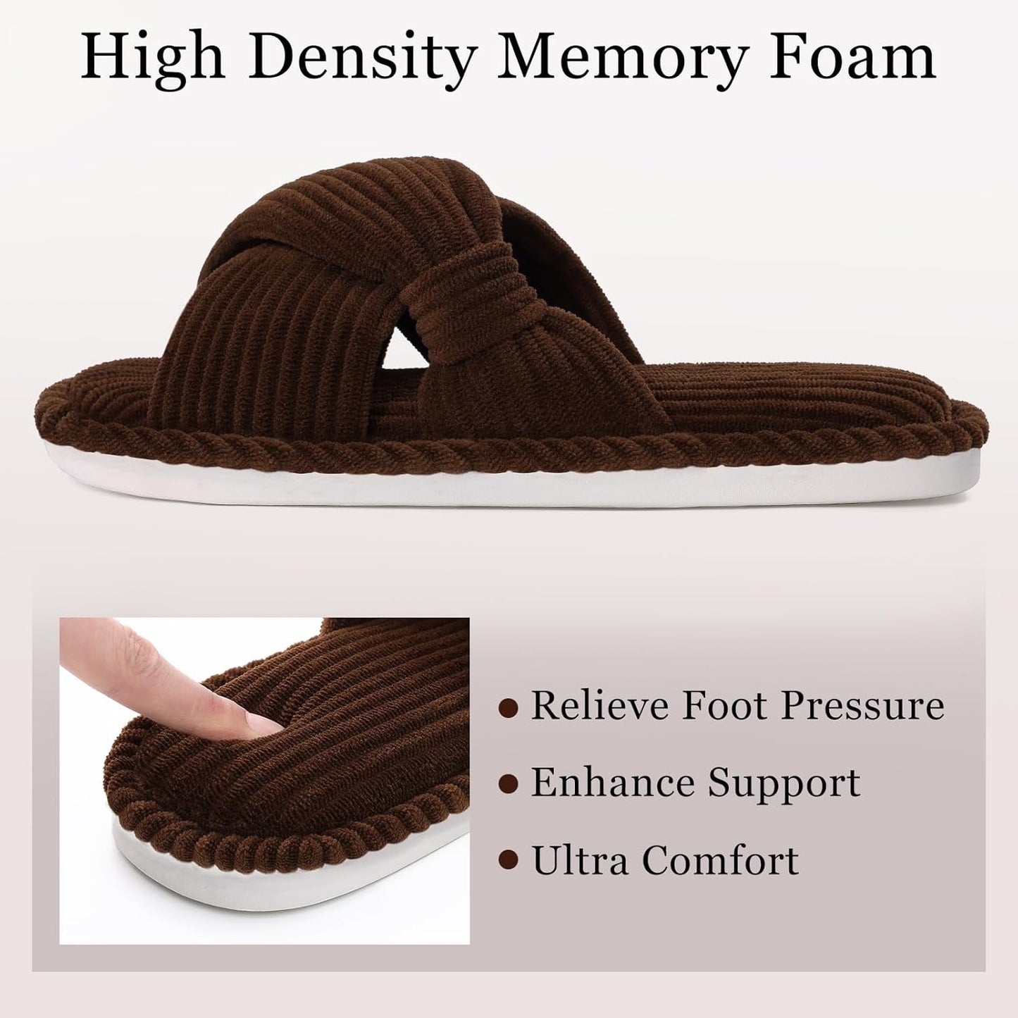Evshine Summer House Slippers for Women Corduroy Cross Bow Indoor Slippers Open Toe Slip On Bedroom Shoes with Memory Foam