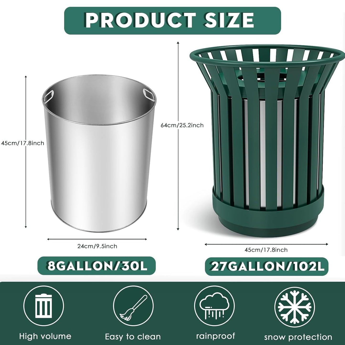 8Gallon/30L Commercial Outdoor & Indoor Metal Trash Can, Outdoor Slatted Trash Receptacle with Metal Linner, All Weather Resistant Large Outside Zone Round Garbage Bin for Street, Park, School - Green