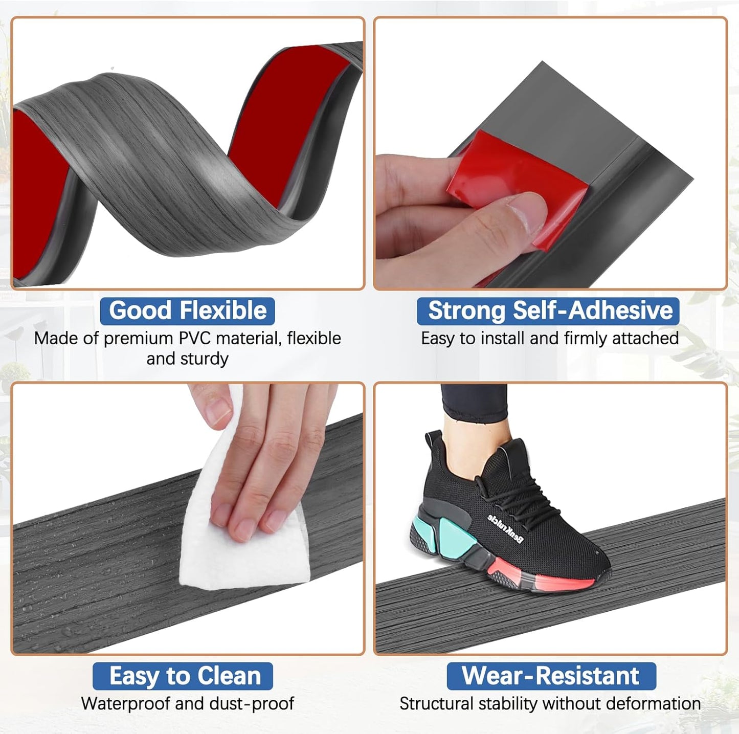 Vinyl Door Threshold Flooring Transition Strip Self Adhesive Carpet Edging Strip for Laminate Doorway Edge Threshold from 2/5" to 3/5" (Dark Gray Wood Grain, 6.6 Ft)
