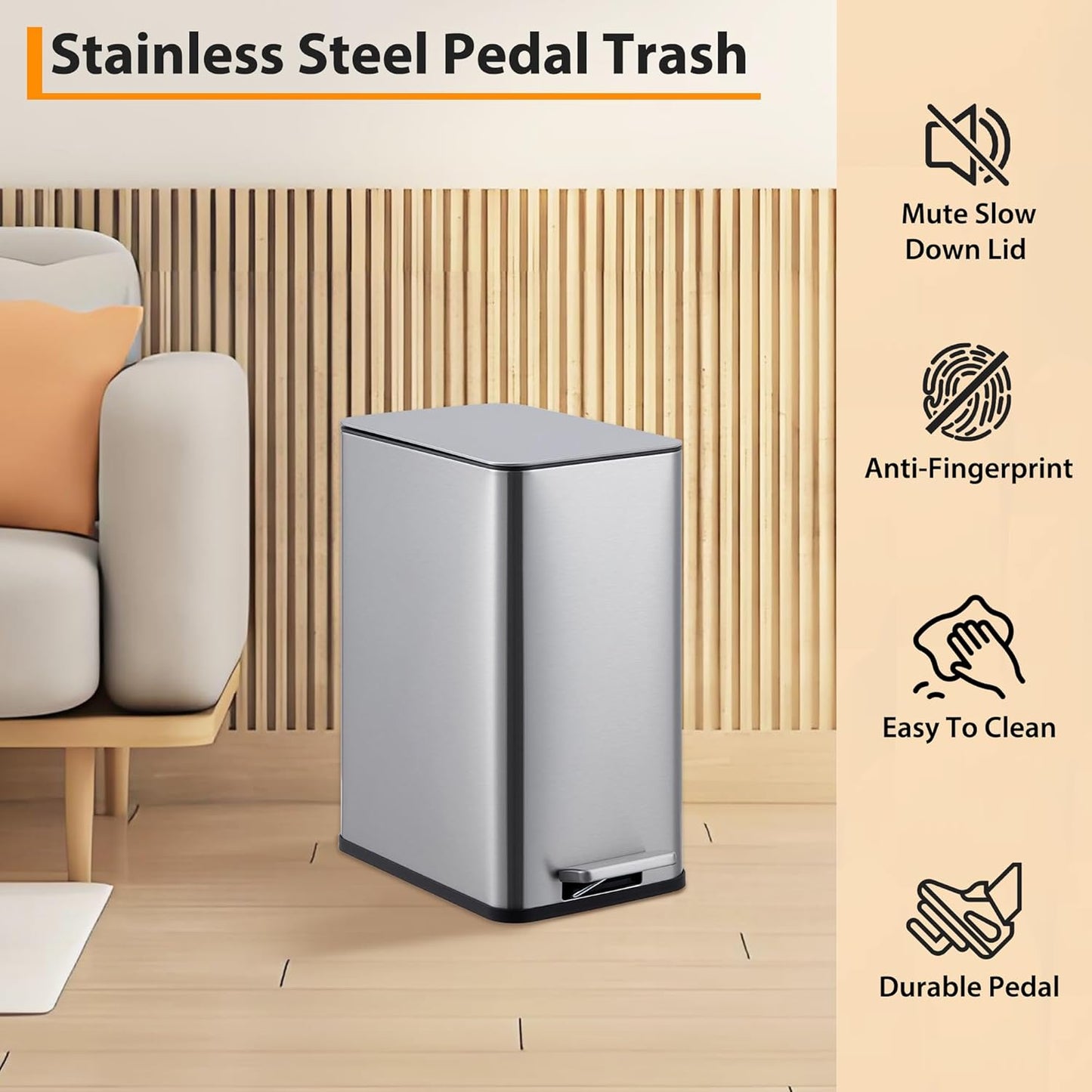 2.6 Gallon Kitchen Trash Can, Stainless Steel Garbage Can with Soft-Close Lid, Step Rubbish Bin with Removable Inner Bucket, Narrow Recycle Bins for Kitchen, Bathroom, Bedroom