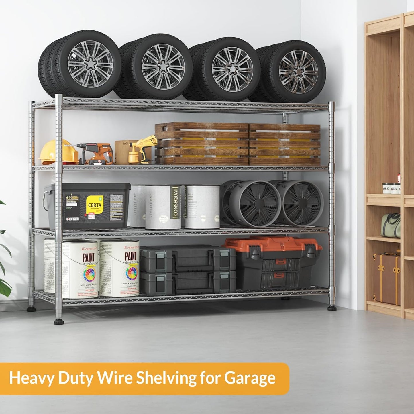 Himimi Storage Shelves with Wheels, 4-Tier Heavy Duty Steel Wire Rack Storage Shelving, Adjustable Metal Storage Shelves for Garage Kitchen Pantry Bathroom Laundry 18" D*60" W*72" H, Silver