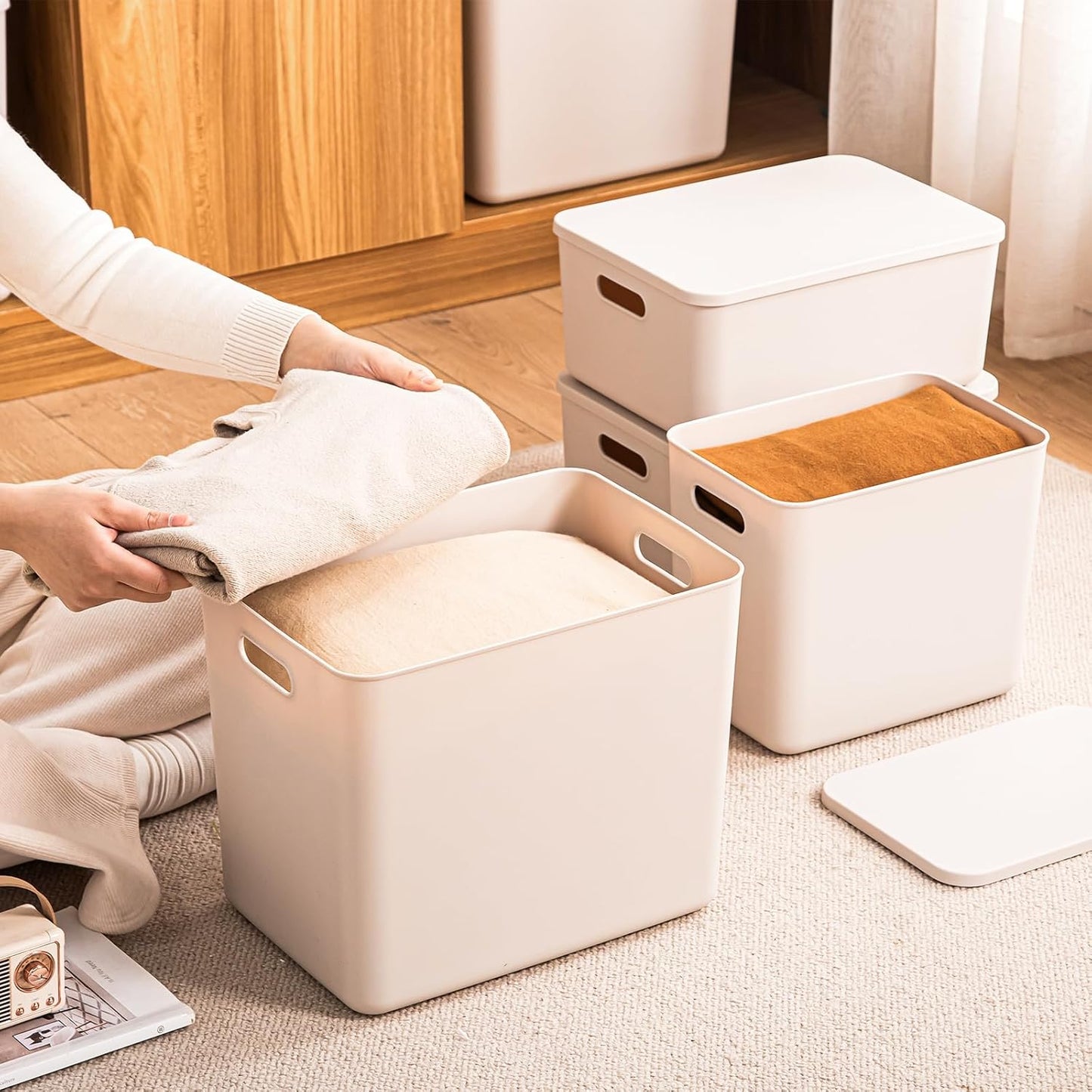Plastic Storage Bins with lids,Storage Baskets,Container with handle,Storage Organizer Bins for Shelves,Office,Bedrooms,Closets, Cabinets(Grey，5XL+2L)