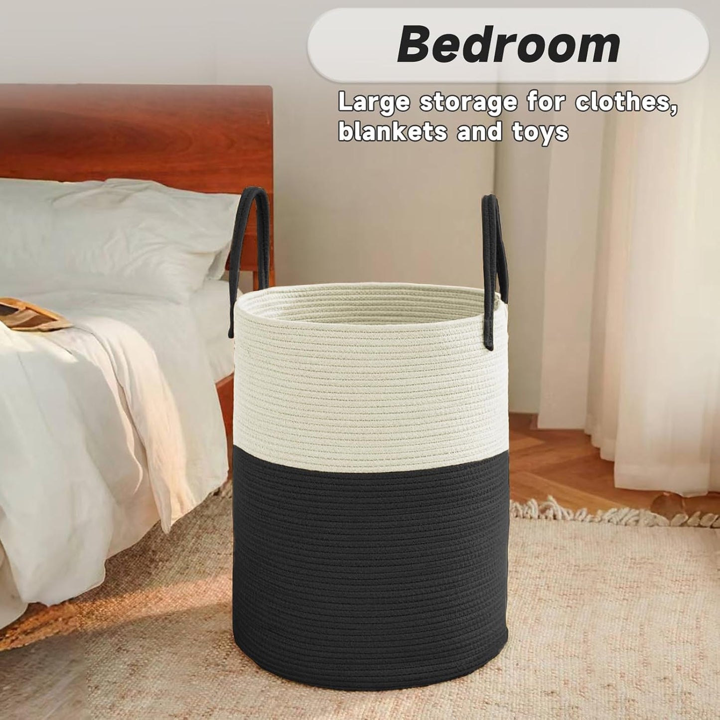 Large Woven Laundry Basket Hamper,60L Cotton Rope Storage Bin for Blankets,Toys and Clothes,Decorative Tall Nursery Hamper for Living Room,Baby Nursery,Bathroom and Bedroom,White and Black