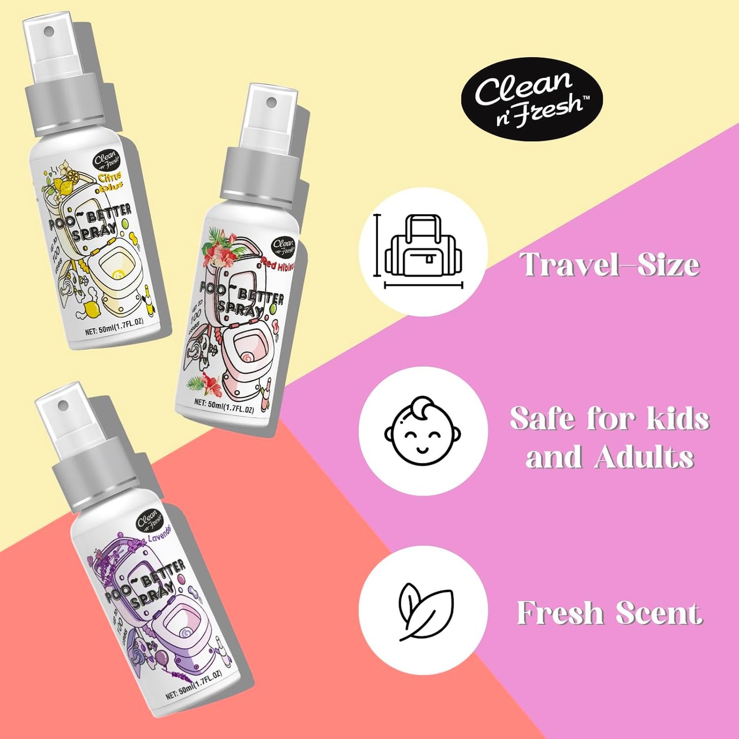 Clean-n-Fresh Toilet Spray, Variety Pack of 3 - Citrus/Lavender/Hibiscus, Bathroom & Toilet Odor Elimination, Travel Size 1.7 Fl Oz Each, Total 5.1 Fl Oz
