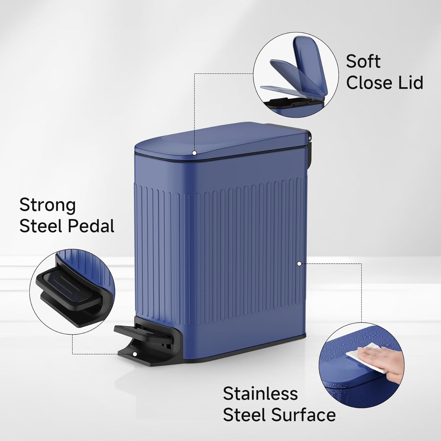 TIPGO Slim Bathroom Trash Can with Lid Soft Close, Step Pedal, 6 Liter / 1.6 Gallon Stainless Steel Trash Bin, Small Garbage Cans for Bedroom, Office, Kitchen (Blue)