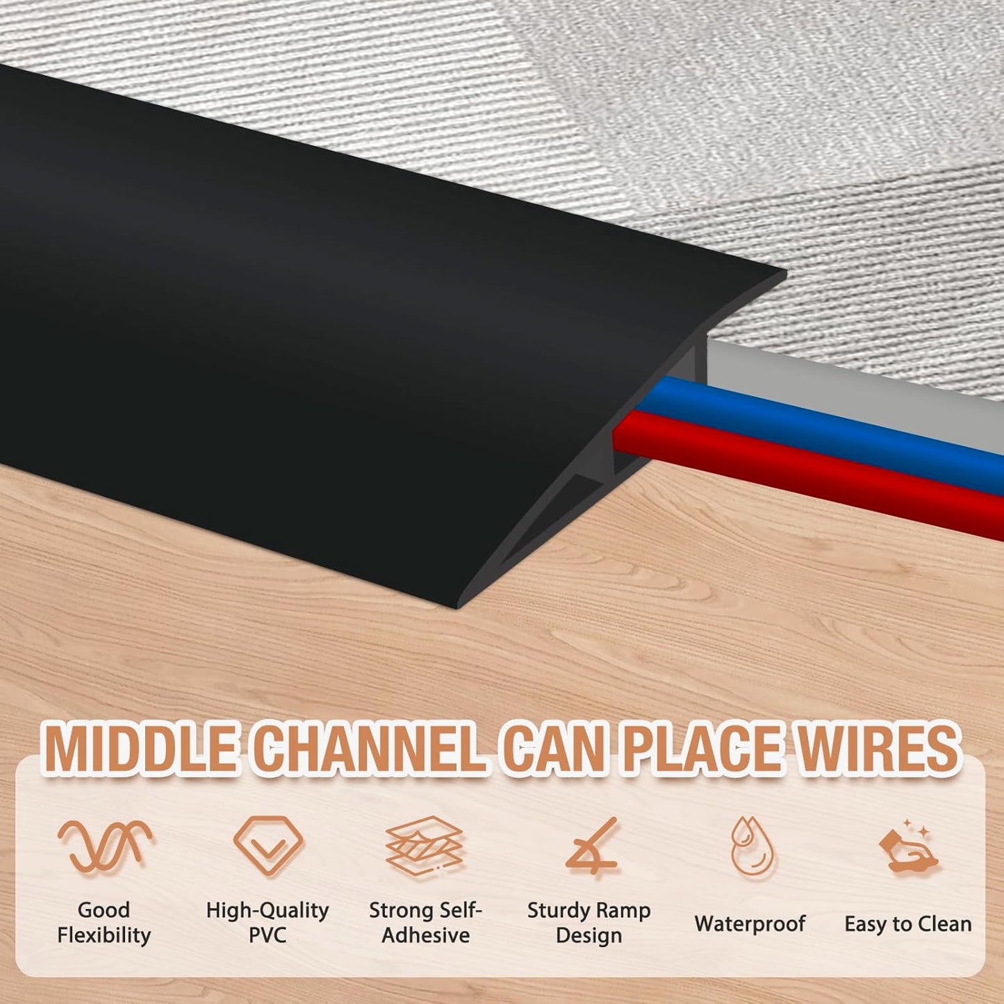 Floor Transition Strip Self Adhesive Vinyl Door Threshold for Doorways Carpet Edging Trim Overlap Edge Reducer for Laminate Floor, Carpet, Tile (Black, 3/5" to 4/5", 6.6Ft)