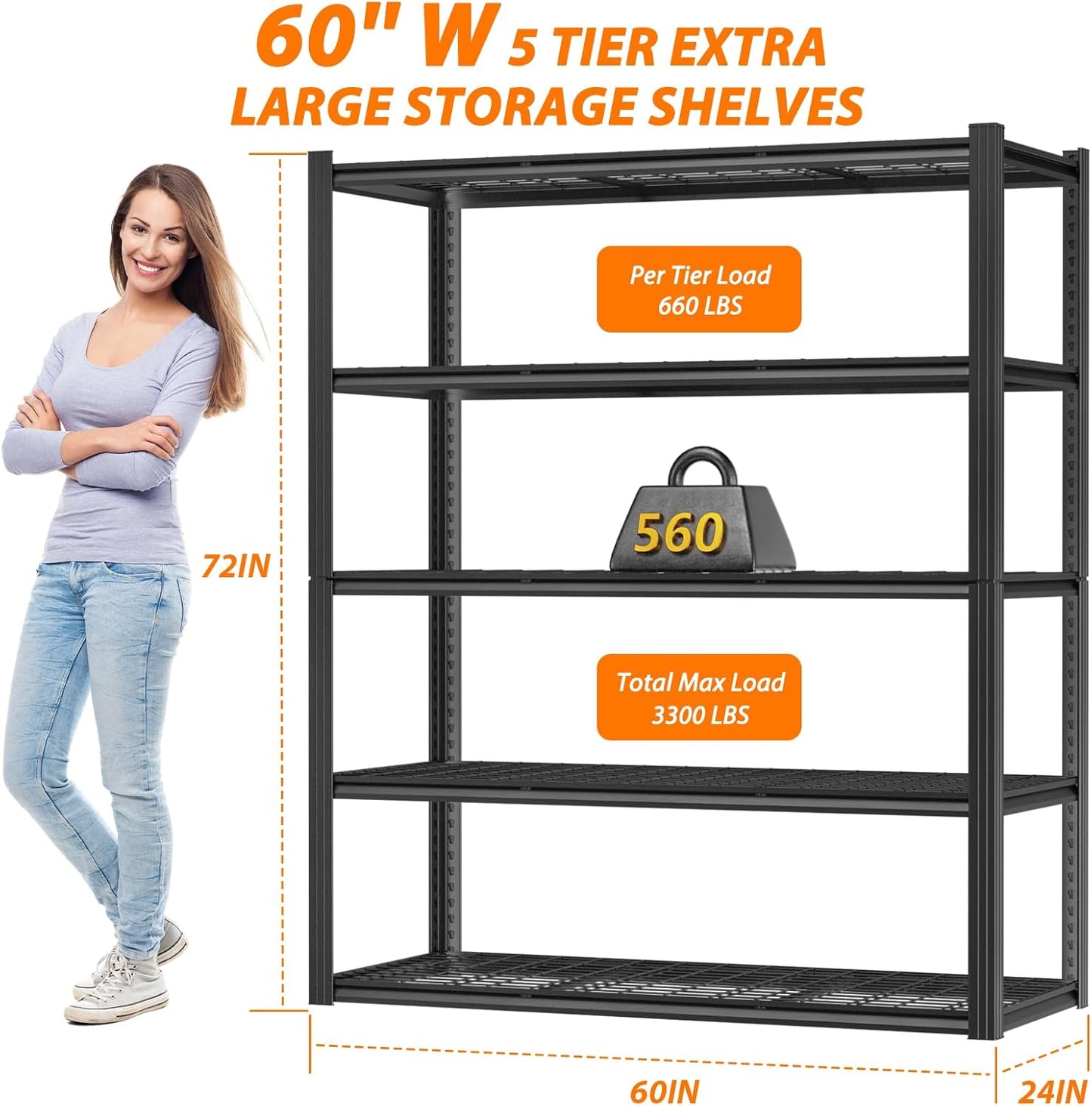 ROOMTEC 60" W Garage Shelving Heavy Duty,33000LBS Storage Shelves,5-Tier Adjustable Metal Shelving Utility Shelf Rack Garage Storage Organize for Storage Industrial, Warehouse, Basement