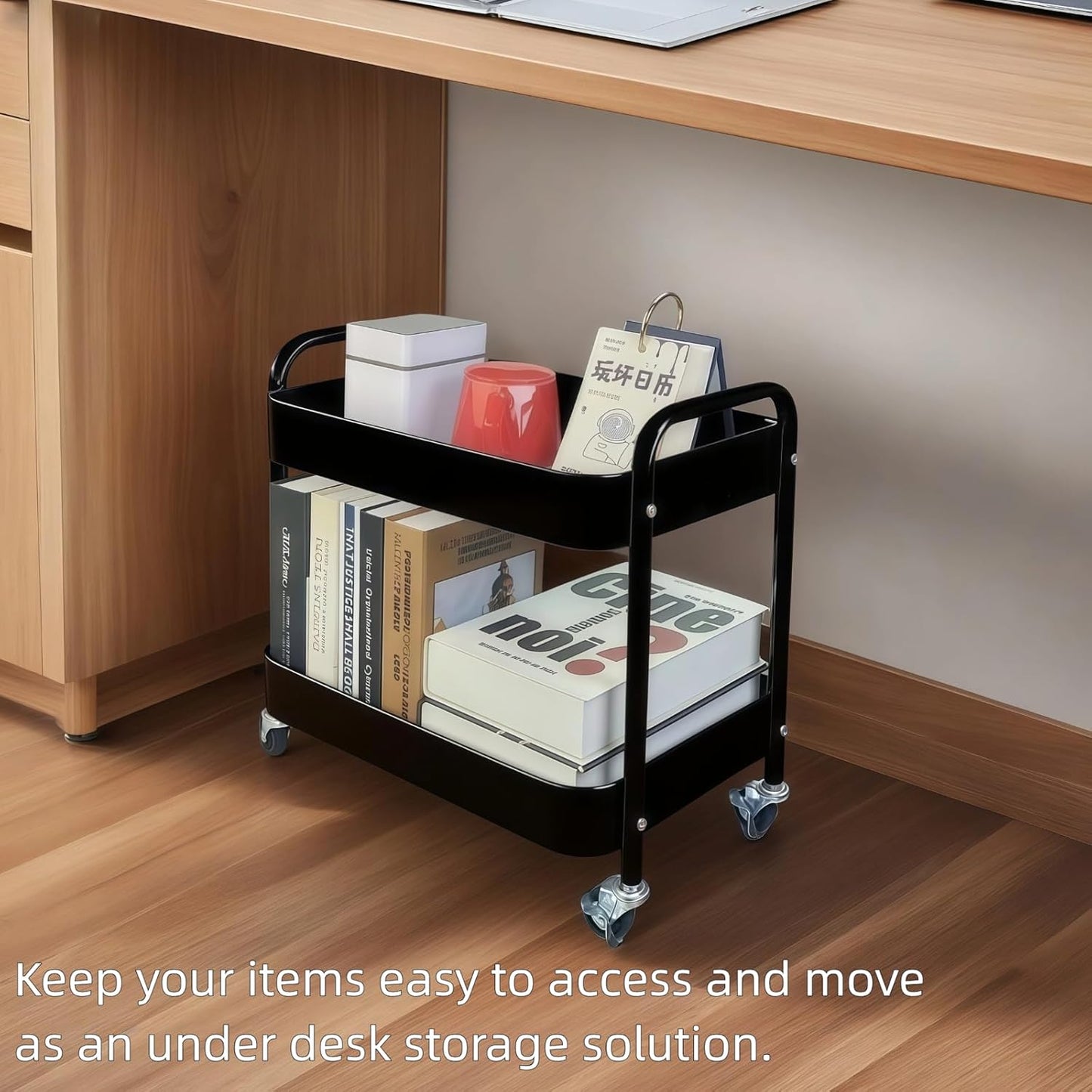 2 Tier Rolling Cart with Wheels for Under Desk Storage & Pantry Storage, Large Capacity Laundry Room & Makeup Organizer, Sturdy Kitchen Utility Cart for Small Space with 4 Hooks, Black