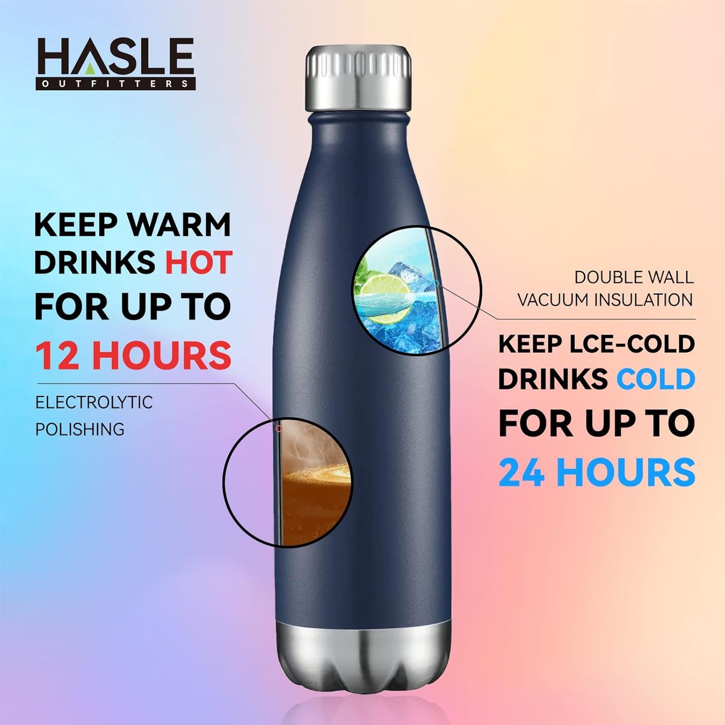 HASLE OUTFITTERS 17oz Stainless Steel Water Bottles Bulk, Vacuum Insulated Water Bottles Double Walled Powder Coated Reusable Metal Sports Water Bottles Keep Drinks Hot and Cold, Navy, 4Packs