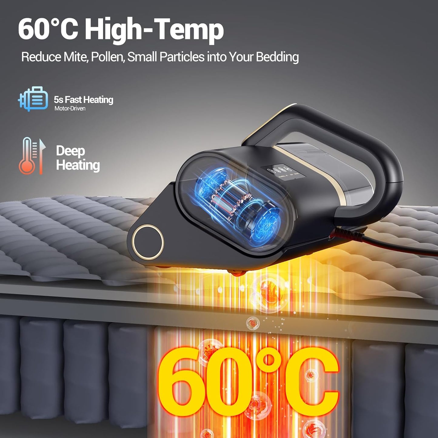 Bed Vacuum Cleaner, 16Kpa Suction 500W Powerful Double Cup Mattress Cleaner, Mattress Vacuum Cleaner with Dust Sensor, Ultrasonic & Heating Tech, HEPA Filter（Corded）