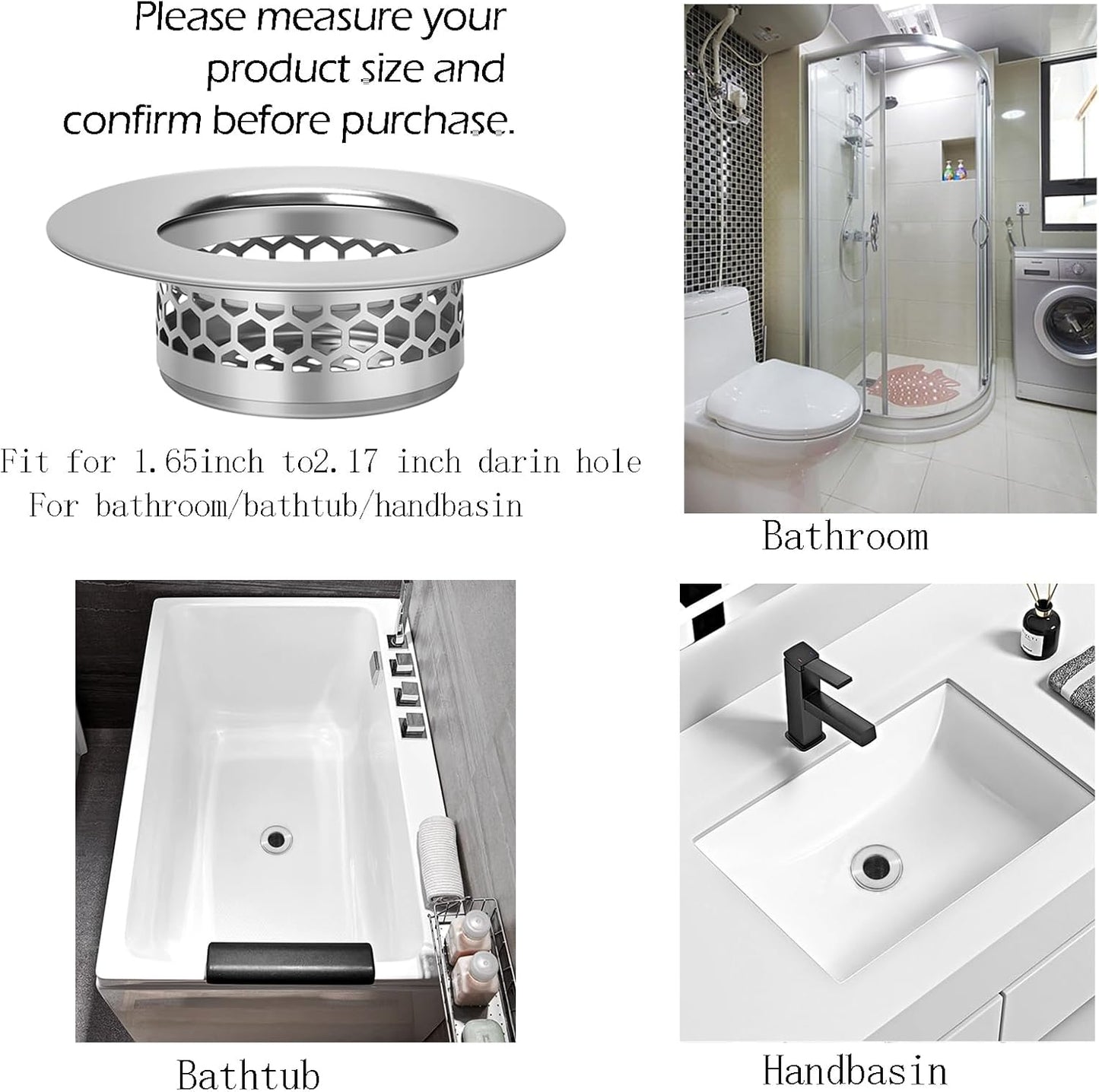 Hair Catcher Shower Drain Bathtub Lavatory Sink Drain Strainer for Laundry, Mop Pool, Utility, Slop, RV Sink, Stainless Steel Drain Filter。Fit Hole Size from 1.65-2.17" ，2Pack (1.5”)