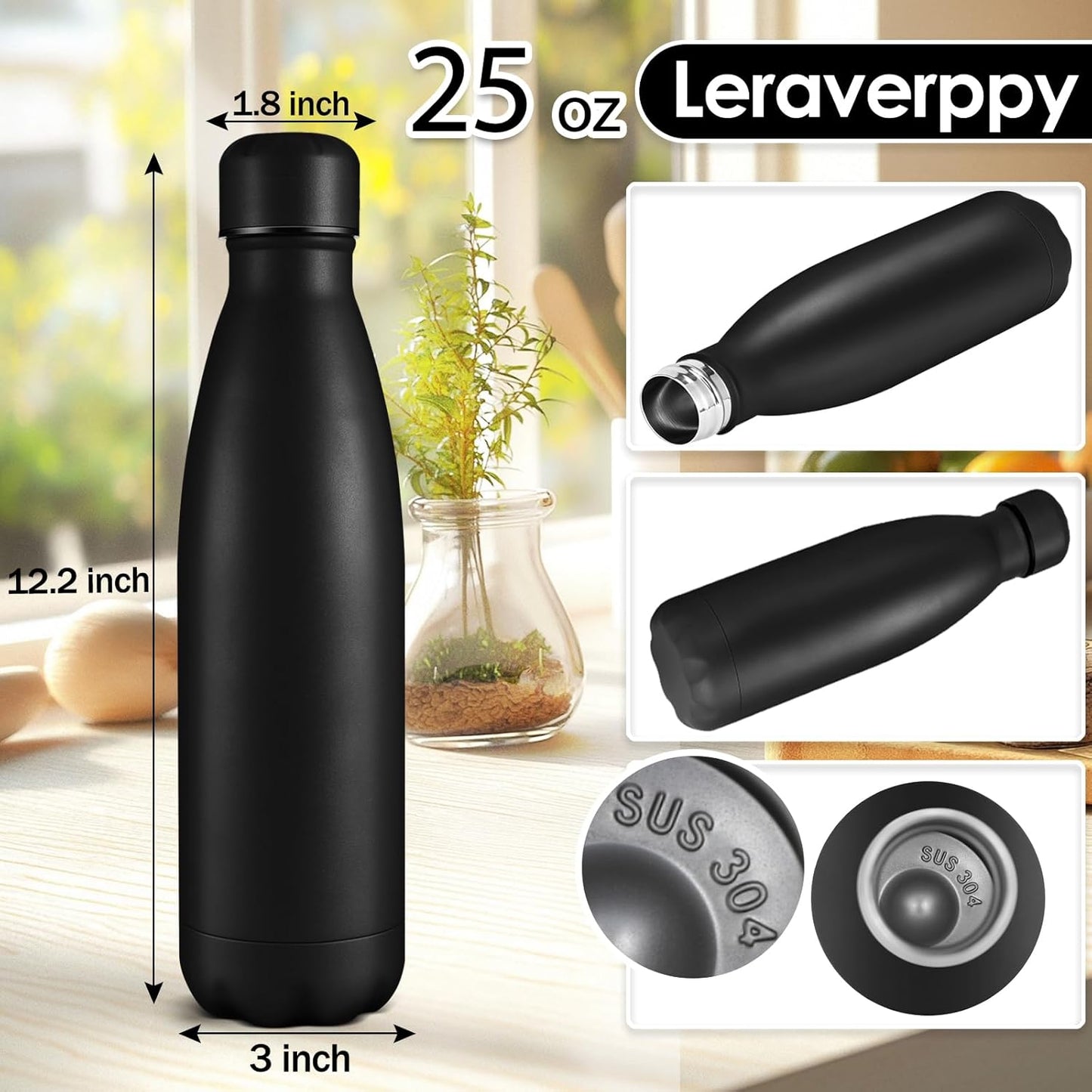 25oz Cola-Bottle Shaped Stainless Steel Leak-proof Water Bottle,Double Wall Vacuum Insulated Metal,Travel Mug For Sports Indoors & Outdoors,BPA-Free School Kids Flasks,Black(2 Pack）