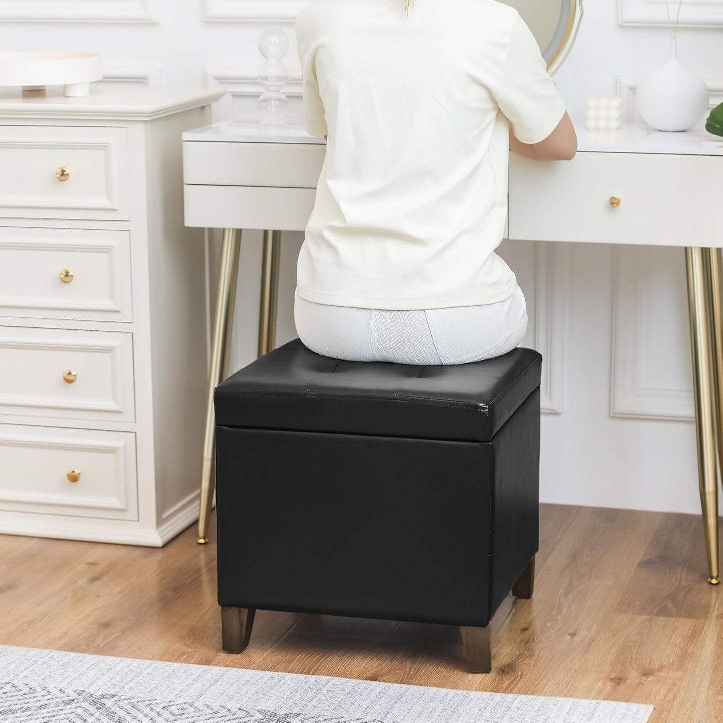 Adeco Faux Leather Storage Ottoman Bench with Solid Wood Legs, 17.7" Square Black PU Cube Foot Stool, Upholstered Button Tufted Vanity Chair with Hinged Lid for Living Room, Bedroom, Dorm