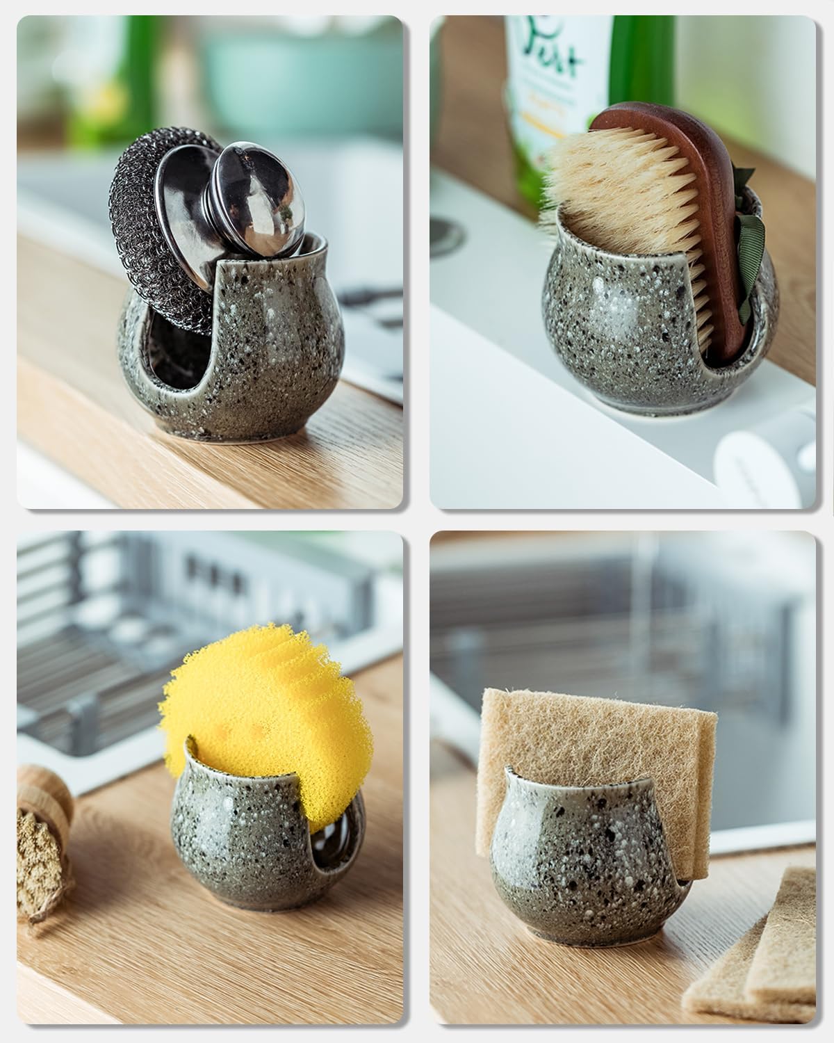 Ceramic Sponge Holder, Kitchen Sponge Holder Sink Caddy Organizer Dish Rack for Kitchen Sink Suction, Bathroom, Brush, Special Gray