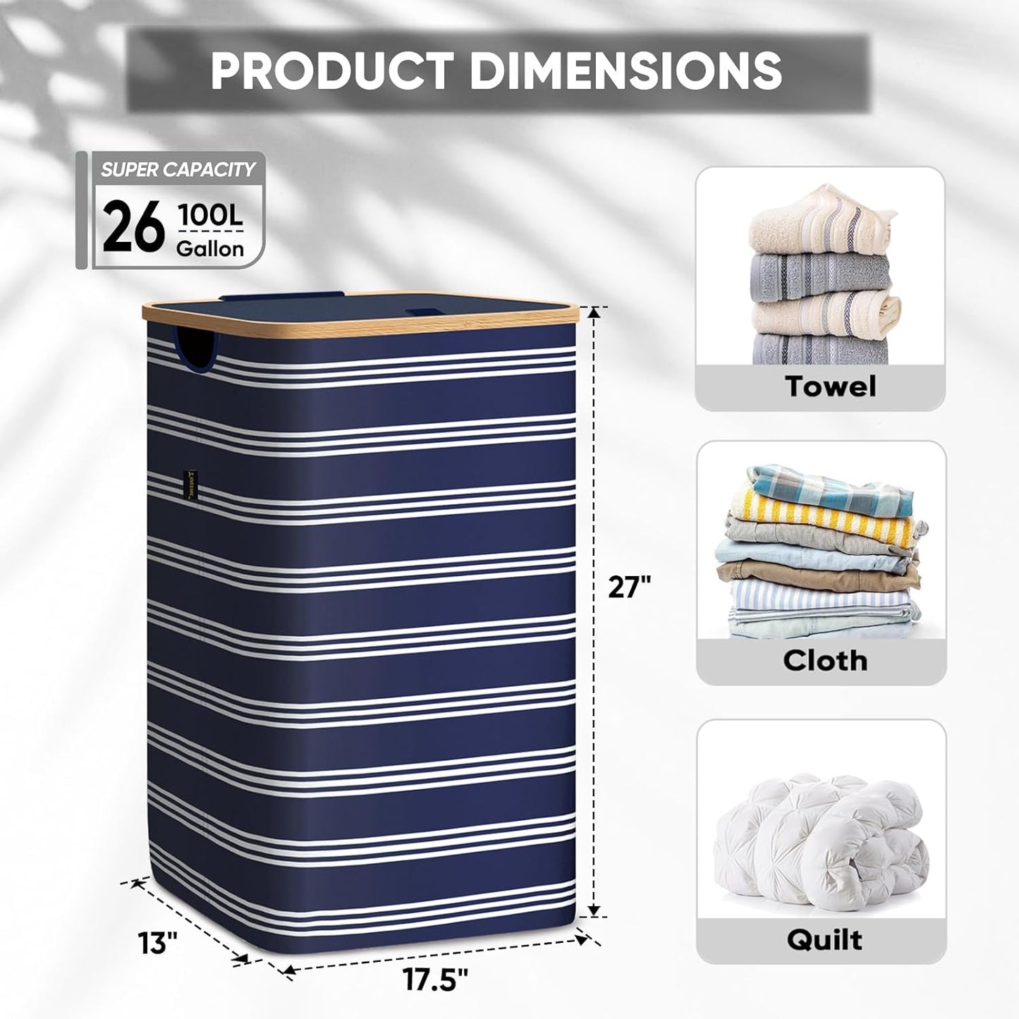 BALEINE Laundry Hamper with Lid, Tall Laundry Baskets with Bamboo Pull Handles, Large Laundry Bin with Internal Support (26 Gal/100L, Blue Pinstripe)