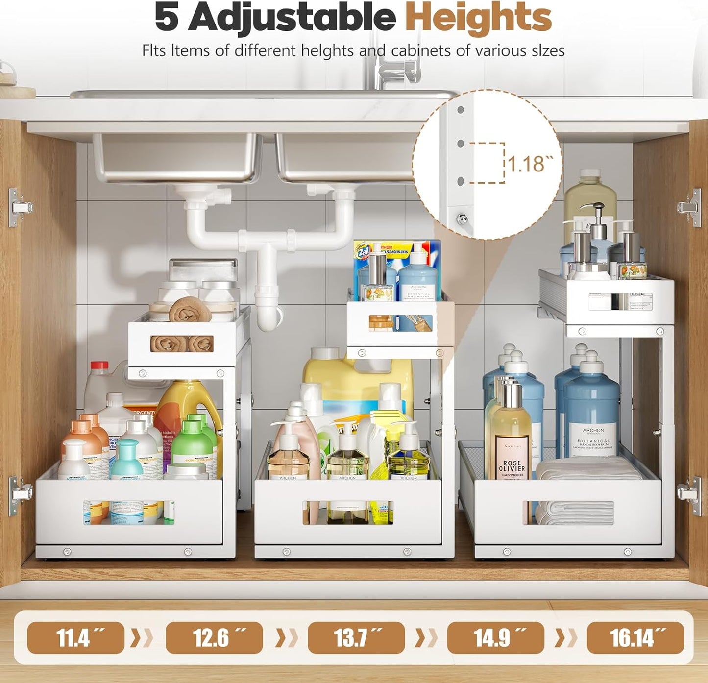 1 Pack 19IN Depth Under Sink Storage Organizer, Large 2-Tier Elegant Mesh Pull Out Shelf for Kitchen and Bathroom Cabinet Organization, L-Shaped and Adjustable Height Design-White