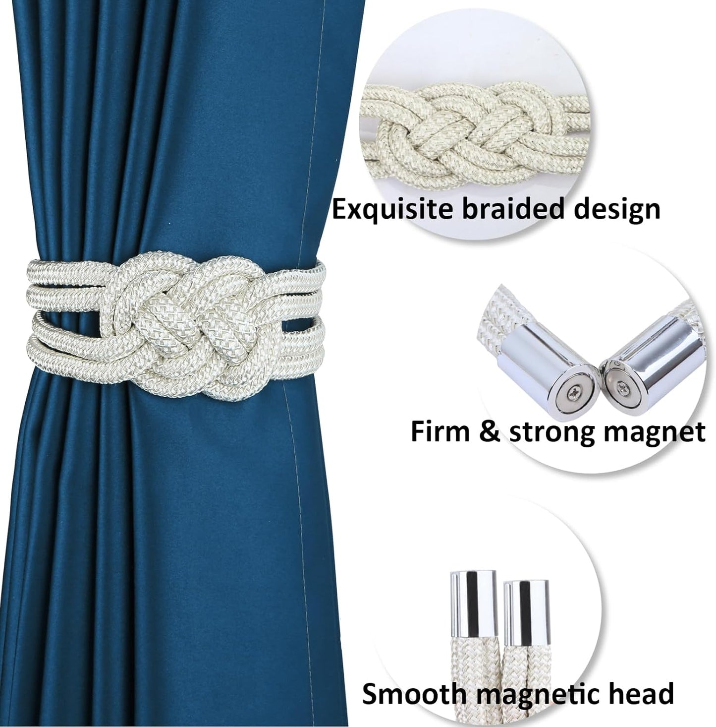 2 Pack Magnetic Curtain Tiebacks, Hand Weave Rope Knot Decorative Curtain Holdbacks for Home & Office Thin Window Drapery (Beige,2P)