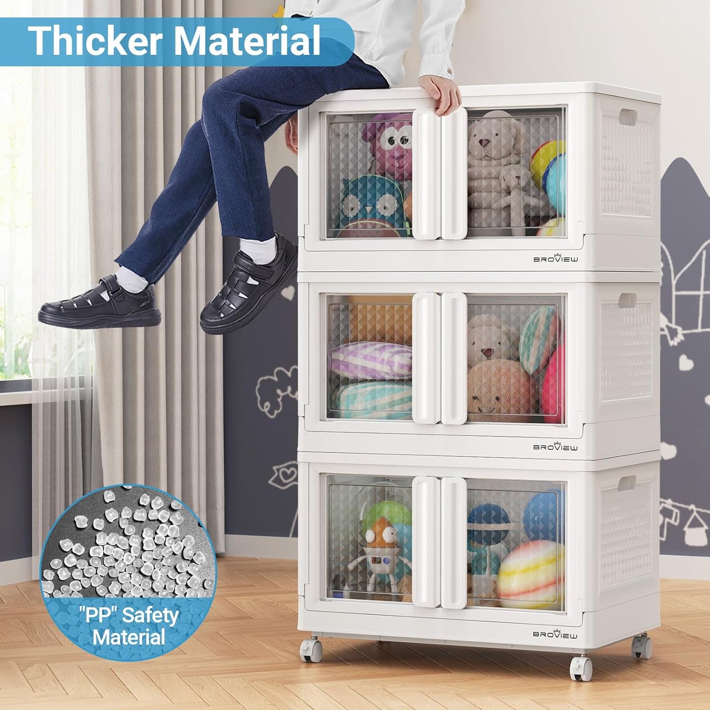 BROVIEW 300 Qt Stackable Storage Bins with Lids & Doors, 3 Pack Plastic Closet Organizer and Storages Drawers with Wheels, Large Collapsible Storage Boxes, Cabinet for Home, Office, V10, White