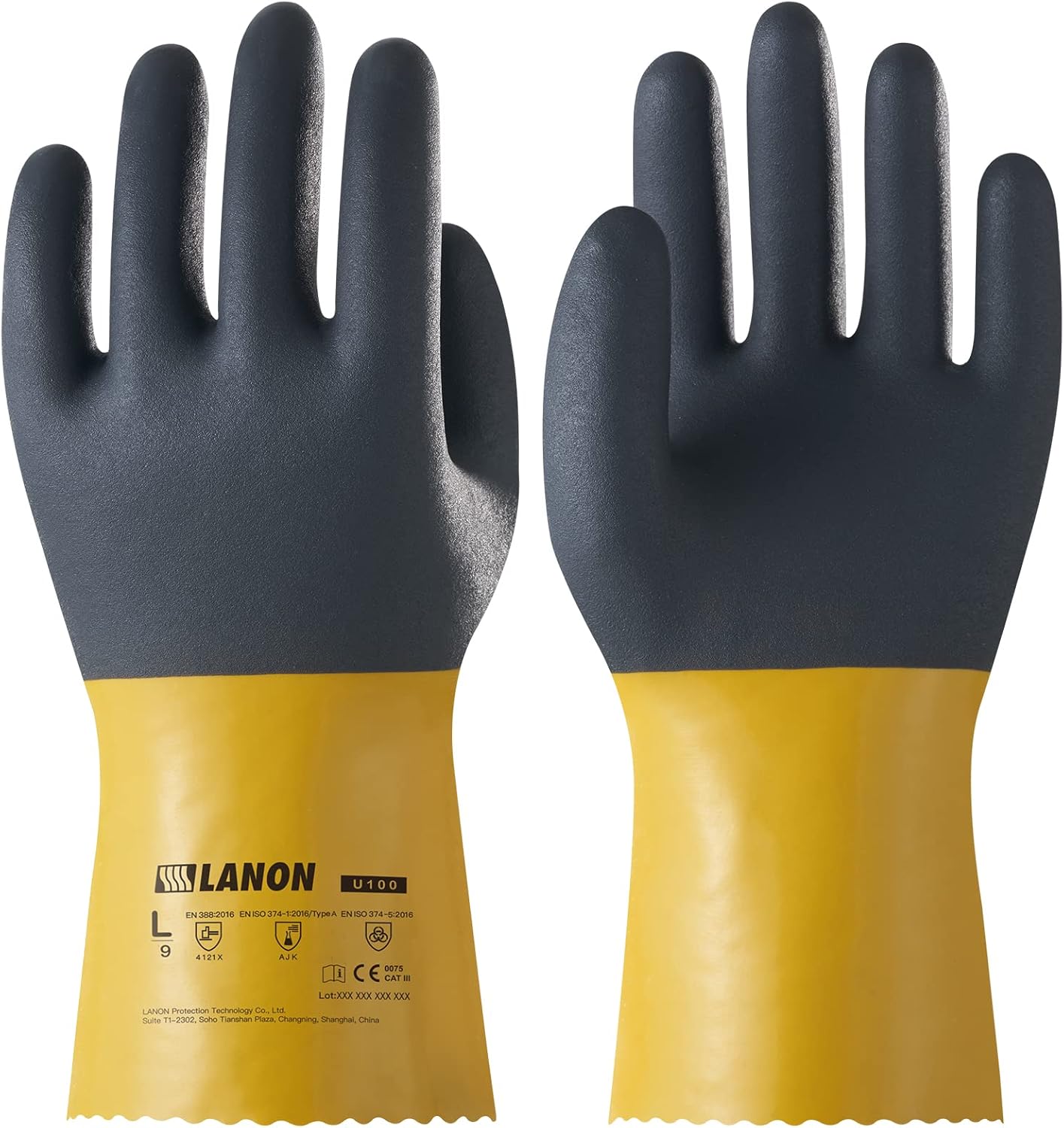 LANON 3 Pairs PVC Chemical Gloves, Thick Rubber Work Gloves, Heavy-Duty, EN 374/388, Acid, Alkali and Oil, Non-Slip, Large