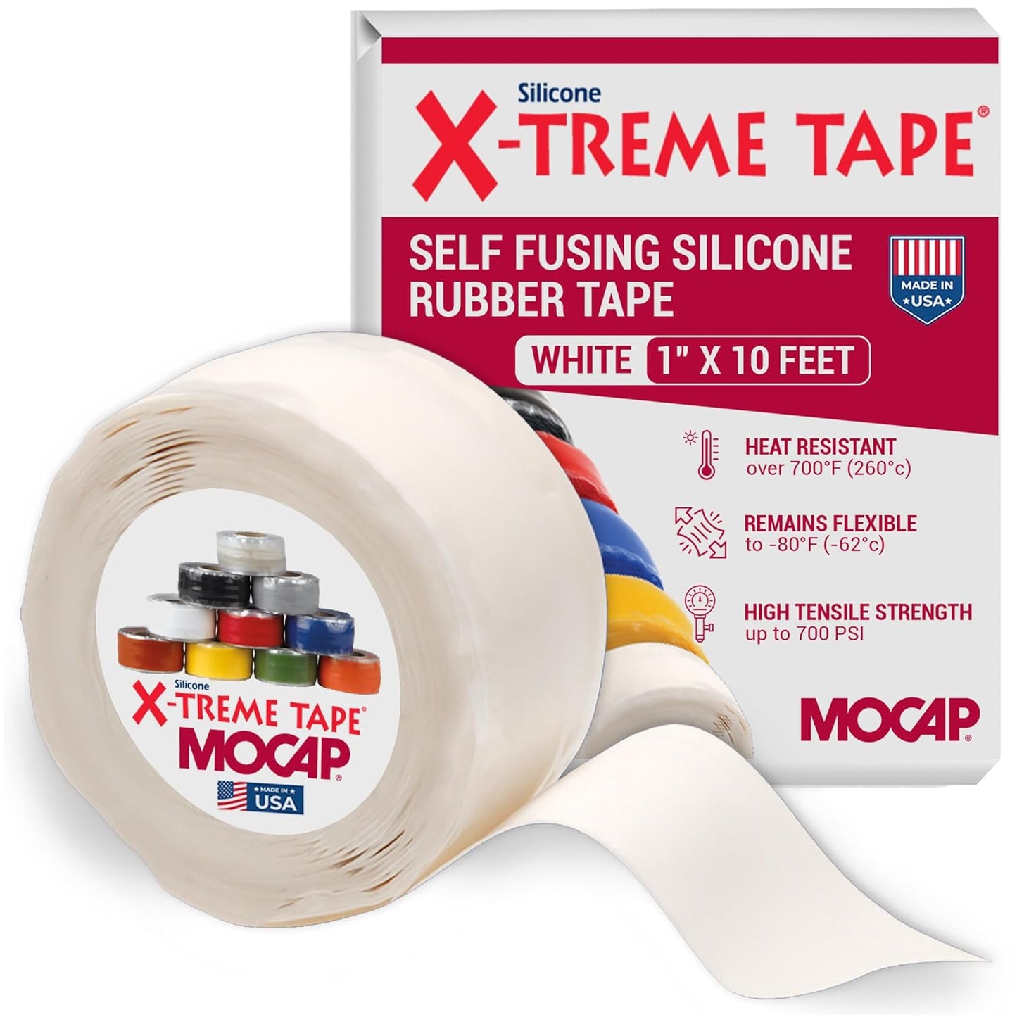 X-Treme Tape MOCAP Heavy Duty Electrical Tape, Self-Fusing Silicone Rubber, Waterproof & Insulating Flexible Tape, Electrical for Hose, Automotive, Outdoor & Repairs - 1" x 10ft Roll - White