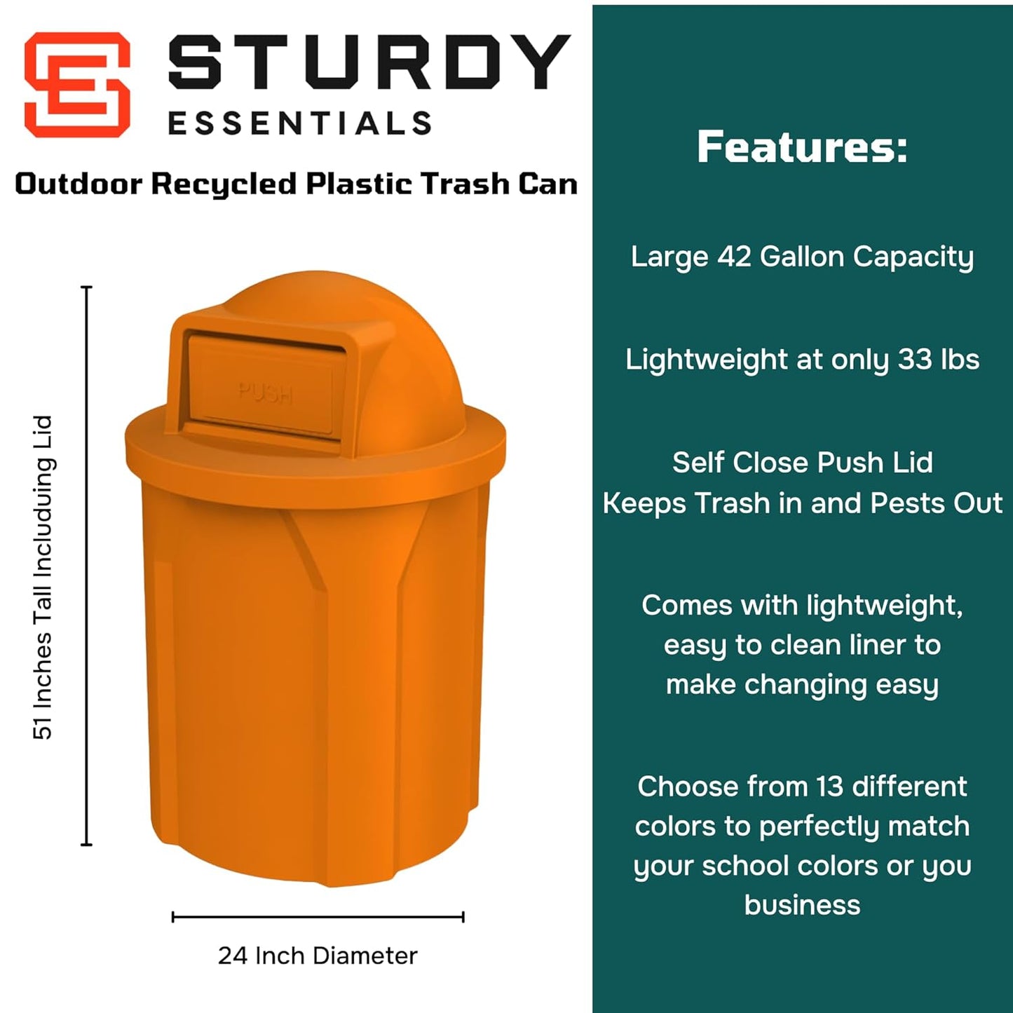 42 Gallon Circle 100% Recycled Plastic Heavy Duty Outdoor Commercial Trash Can with Push Open Dome Lid and Internal Liner Great for Schools and Businesses - Orange