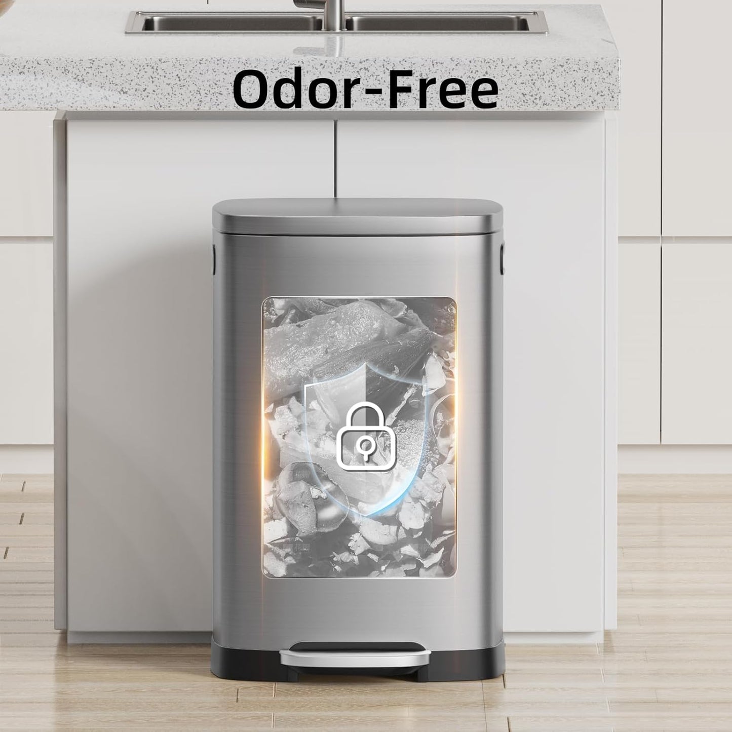 KUK 13 Gallon/50L Stainless Steel Kitchen Trash Can with Lid and Step Pedal-Large Capacity Garbage Bin with Odor Seal, Silent Close Lid, Removable Inner Bucket, Titanium Silver