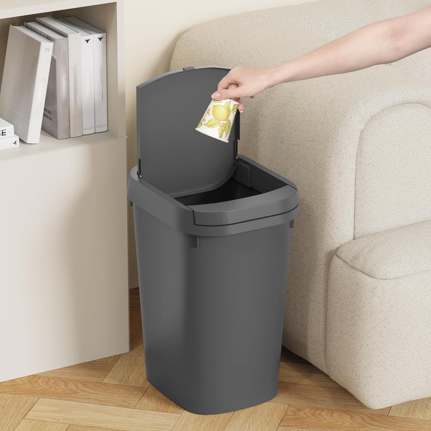 3 Pack Bathroom Small Trash Can with Lid, 2.6 Gallon Slim Garbage Bin with Pop-Up Lid, 10L Plastic Wastebasket for Bedroom, Office, Kitchen, Toilet (Gray)