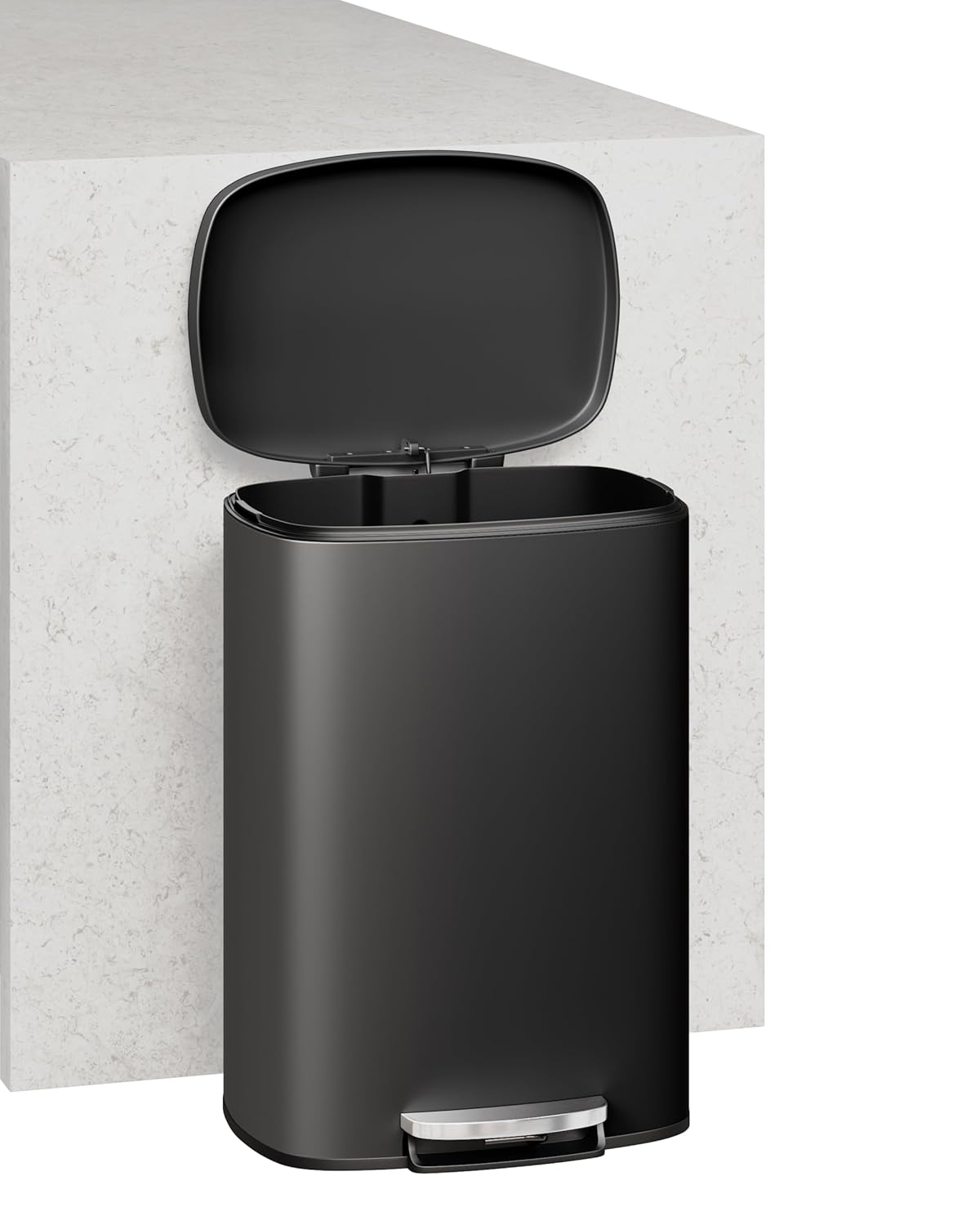 Garvee 13 Gal (50L) and 2.6 Gal (10L) Metal Trash Can Combo Set, Rustproof Garbage Can with Lid, Step-on Trash Bin with Inner Bucket, Rear Handle, Black