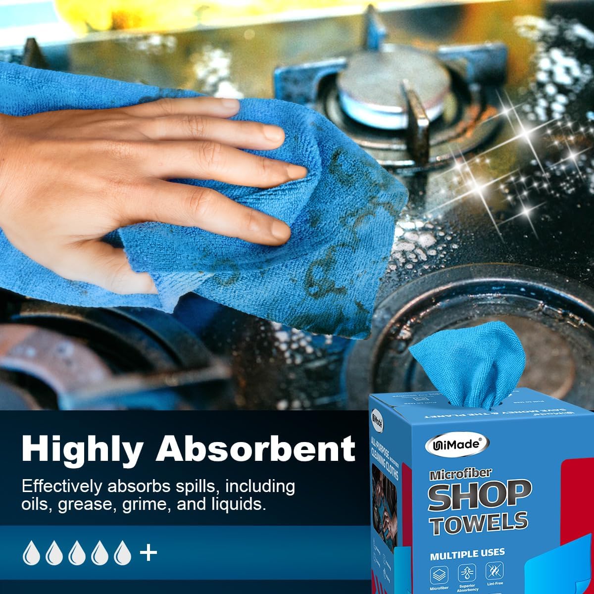 Shop Towels, 100 Sheets Microfiber Cleaning Cloth Commercial Grade Washcloths Lint-Free Bulk Shops Rags for Cars Mechanic Restaurant Garage Housekeeping, 11"x 9", Blue