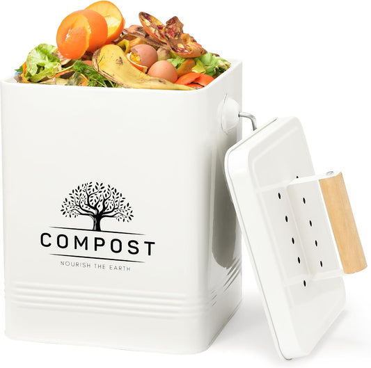 PERFNIQUE Kitchen Compost Bin, 1.7 Gallon Countertop Compost Bin with Lid, Indoor Compost Bin Includes 2 Carbon Filters, Small Compost Bucket, Food Waste Bin for Kitchen with Trash Bags (Cream White)