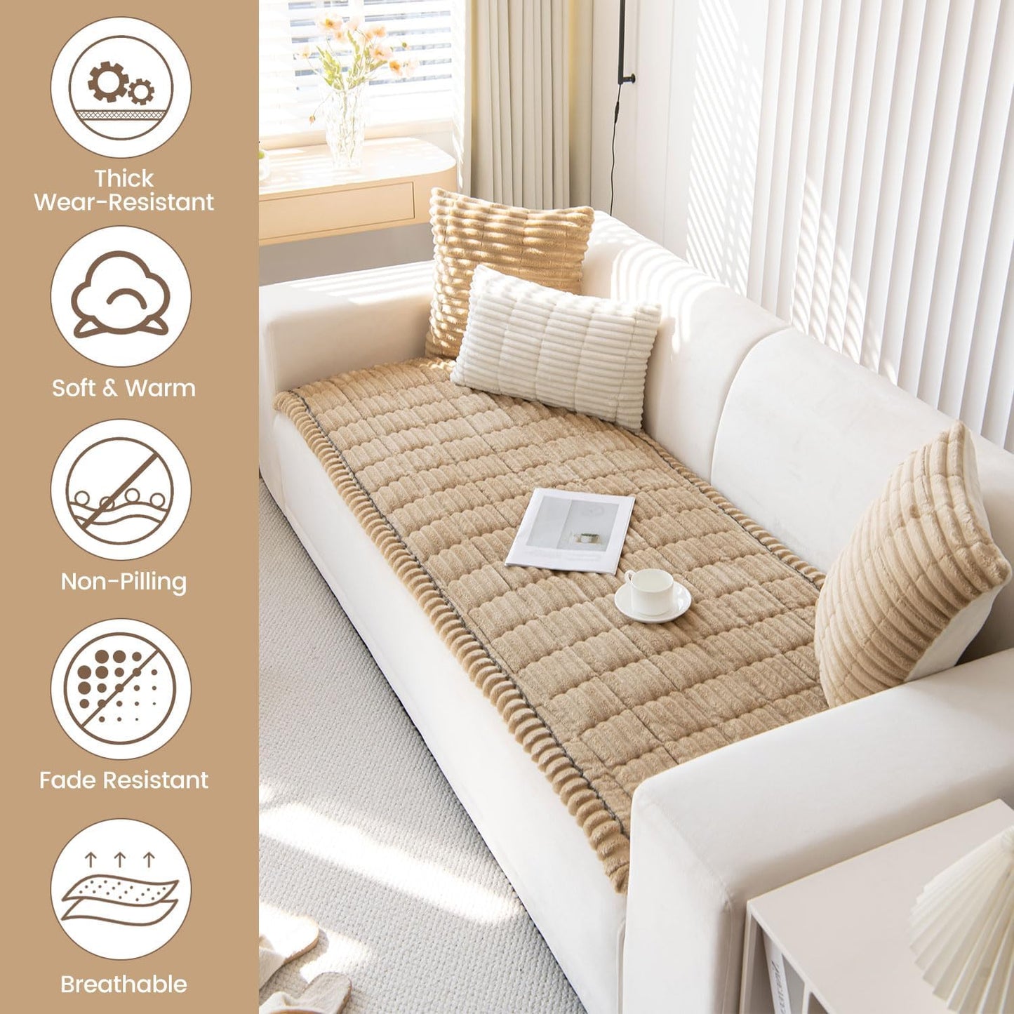 OTOB Sofa Covers for 3 Cushion Couch Washable, Fuzzy Non Slip Pet Friendly Couch Cover Protector Love Seat, All Seasons Soft Plush Furniture Bed Mats Sofa Slipcovers (Coffee, 31.5" x 70.9'')