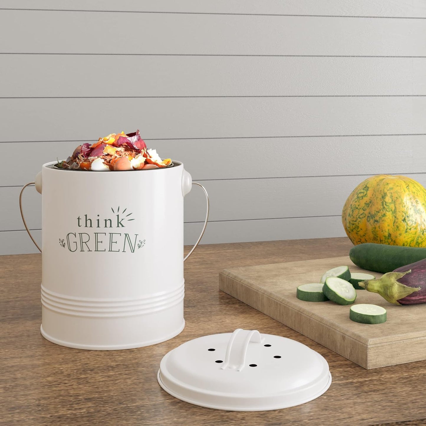 Barnyard Designs Compost Bin for Kitchen Counter - 1.2 Gallon Countertop Composter with Extra Smell-Absorbing Filters and Inner Bucket for Easy Cleaning - Food Waste Bin for Kitchen with Lid (White)