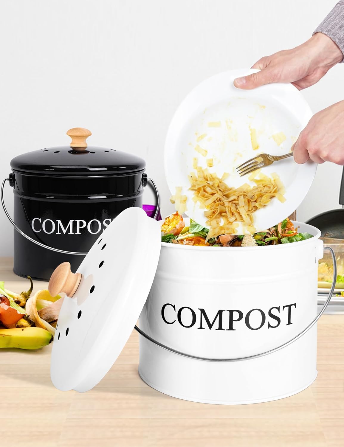 Compost Bin - 1 Gallon Countertop Composter with Lid, Charcoal Filters, Rust Proof Indoor Food Waste Bin