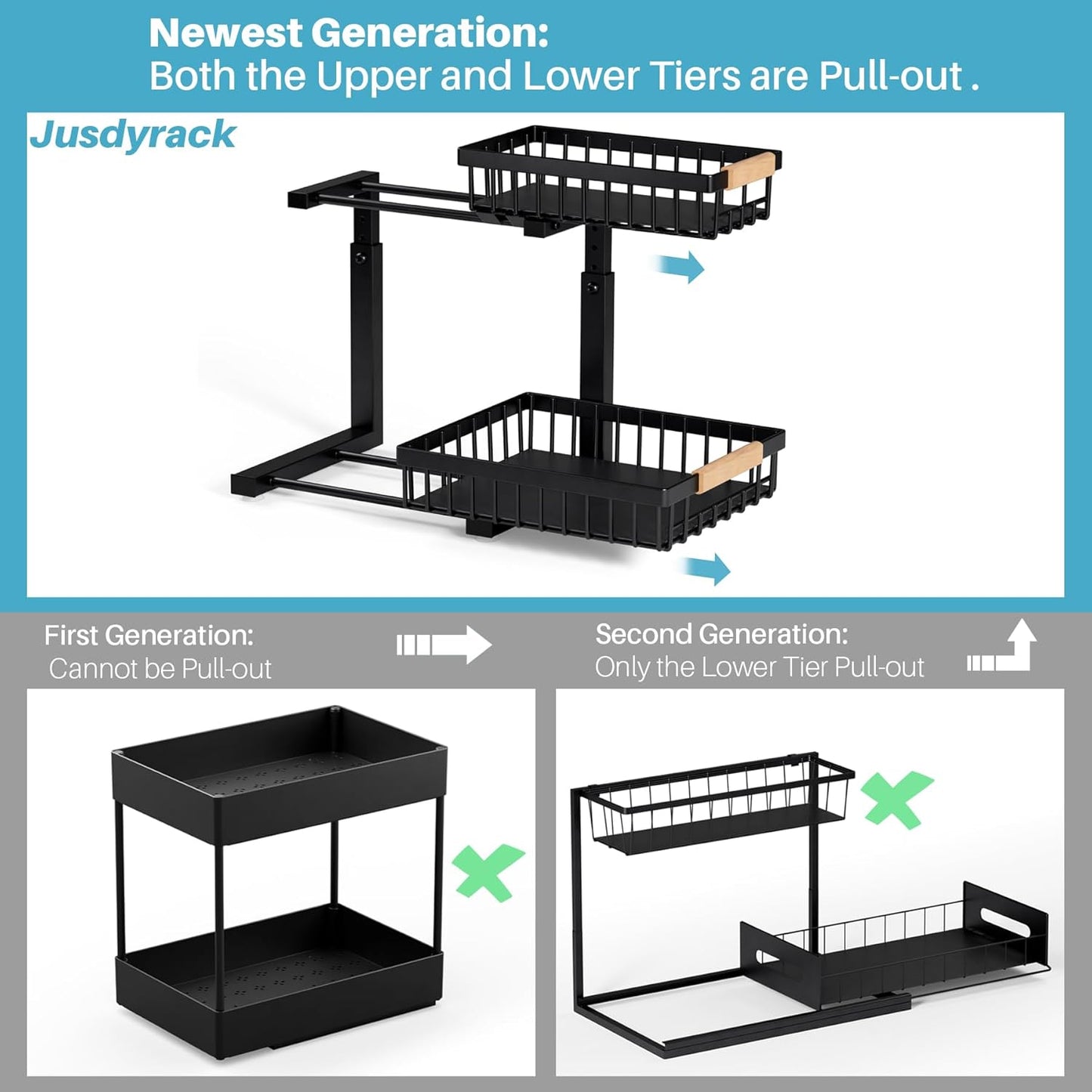 1 Packs 2 Tier Under Sink Organizers, Sliding Pull Out Cabinet Organizer Storage Shelf, Metal Drawer for Kitchen, Bathroom, Pantry Closet Organization Rack,Black