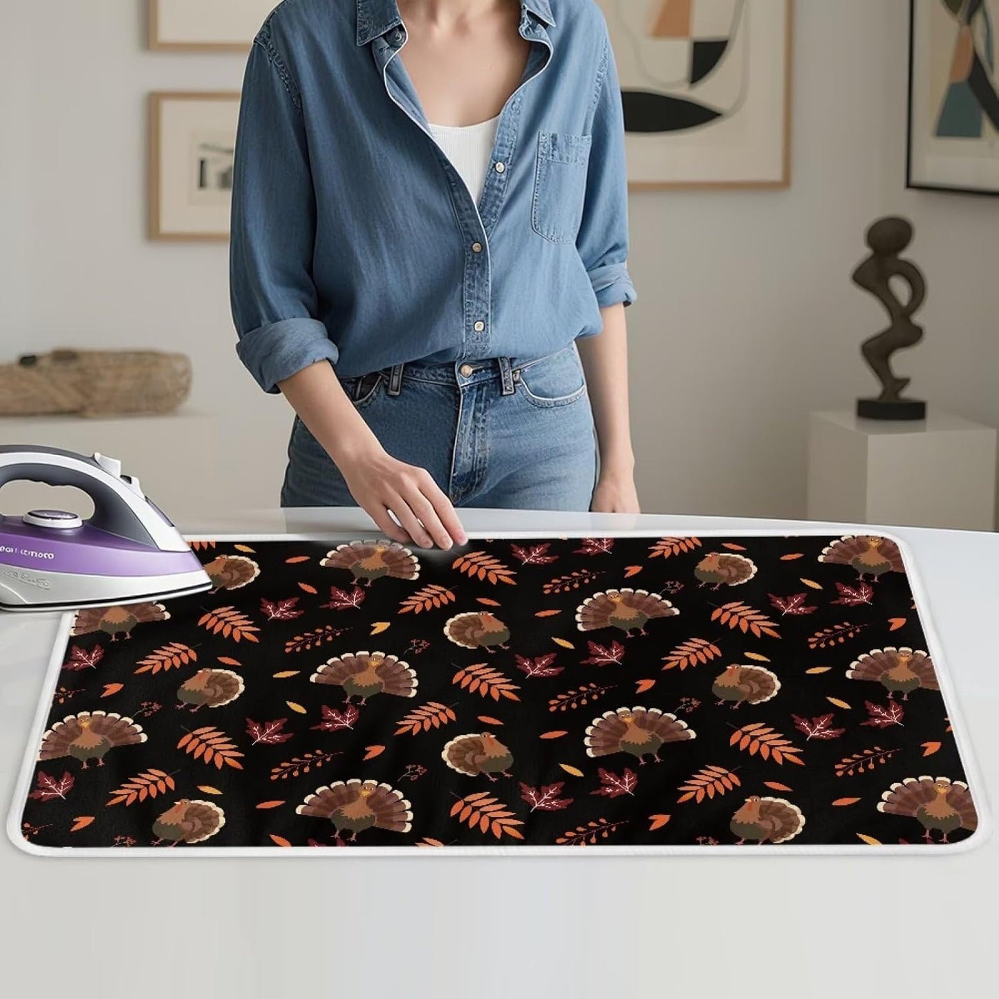 Cute Ironing Mat for Table top Washer,Dryer,Countertop,Turkey Portable Iron Pad Blanket for Washer Dryer Countertop Travel 32 x 16 Inch Thanksgiving Small Ironing Pads, Black