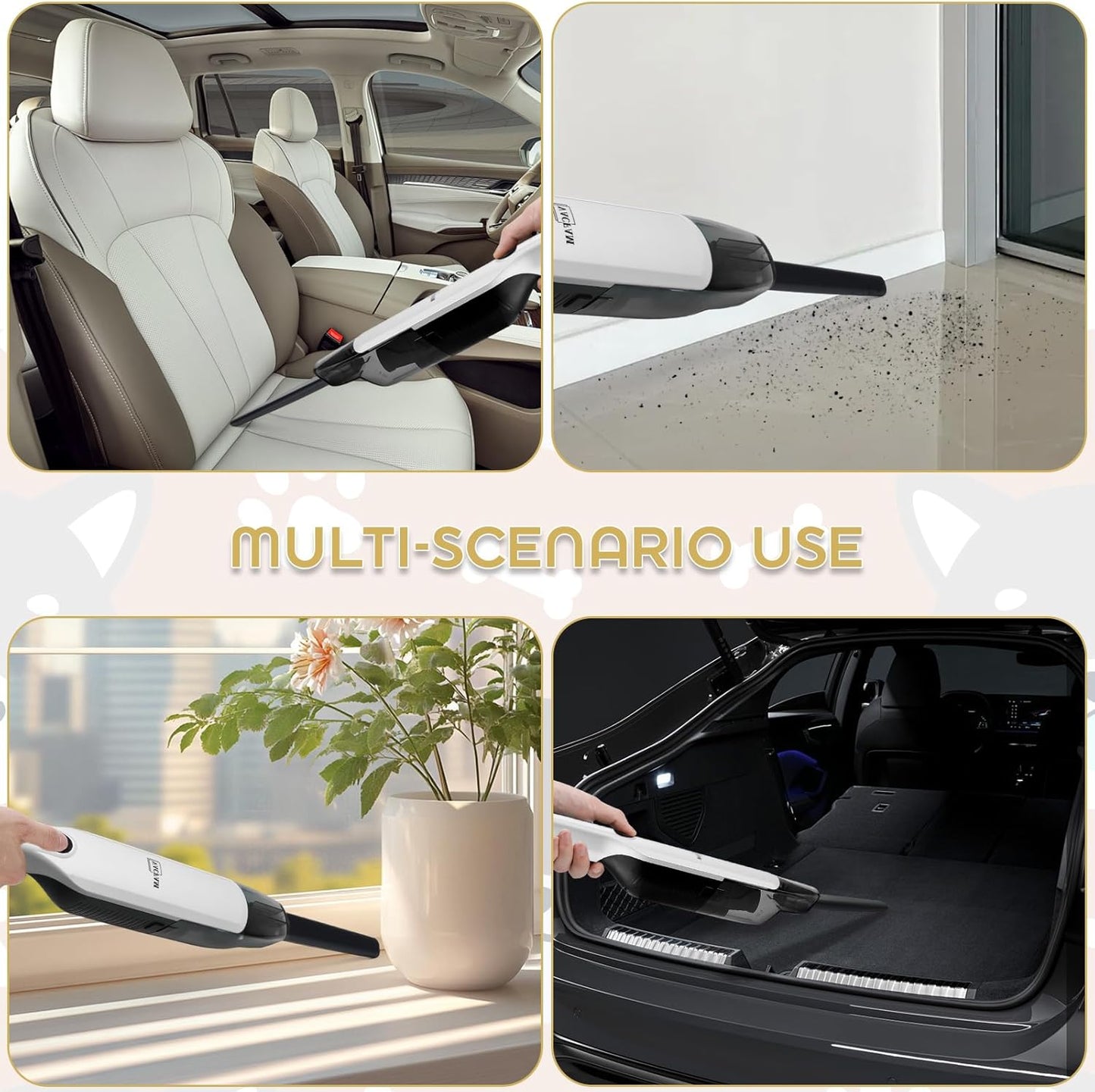 Handheld Vacuum Cordless,15KPA High Power Suction,USB Quick Charge,Car Vacuum Cleaner with Storage Dock,Lightweight Rechargeable Dust Buster with Crevice Tool Pet Brush Hand Vac for Home,White